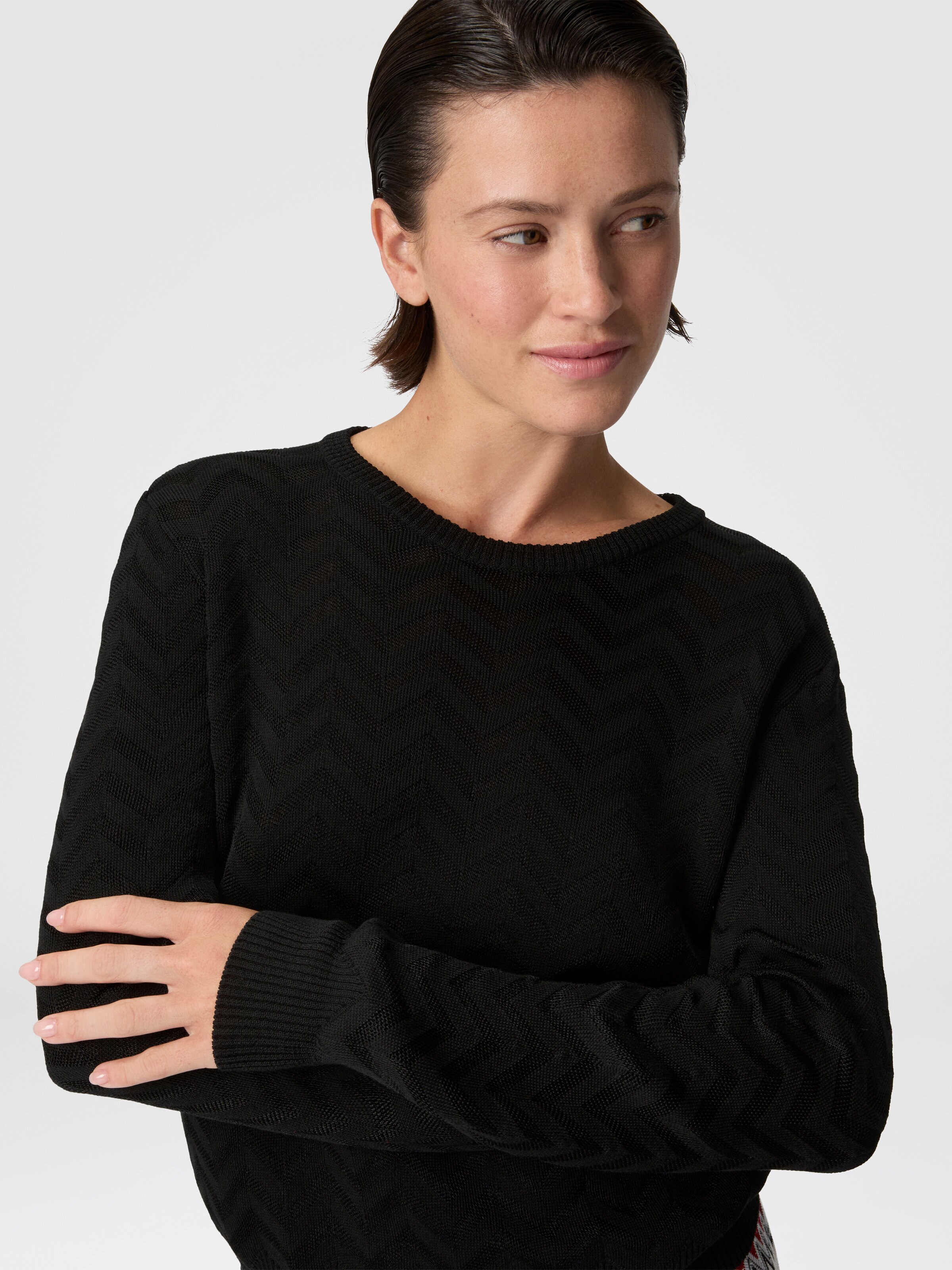Stretch Chevron Cotton and Viscose Crewneck Sweater, Black - 3