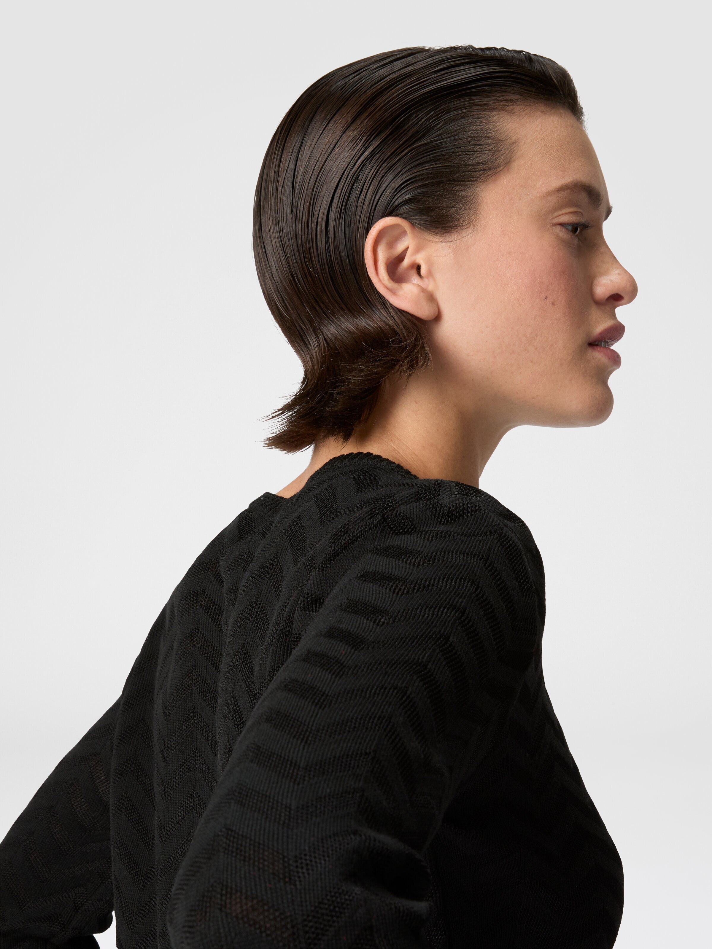 Stretch Chevron Cotton and Viscose Crewneck Sweater, Black - 4