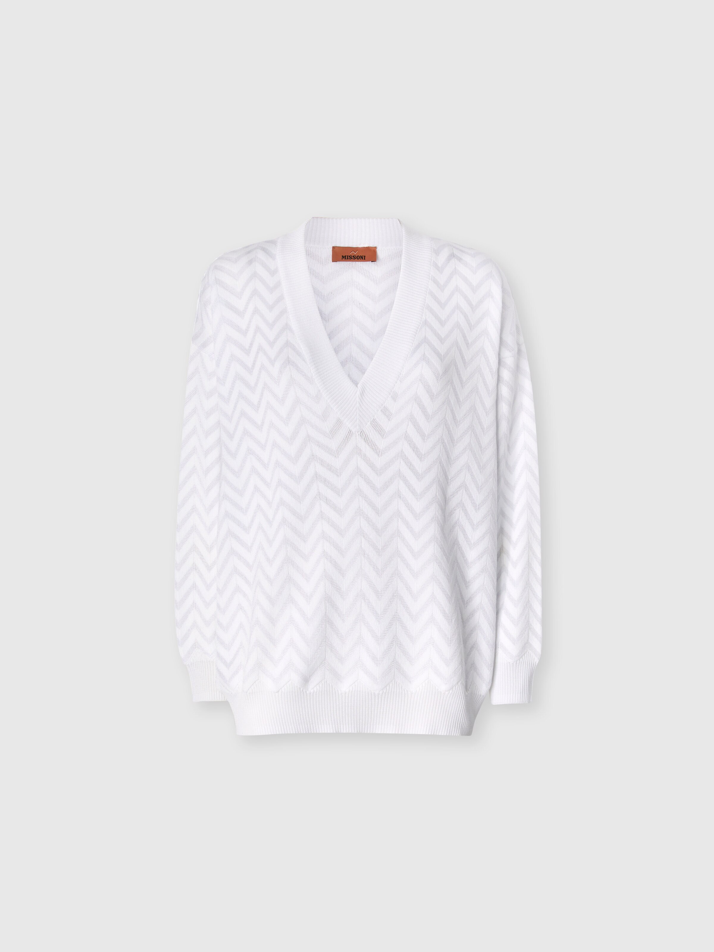 Chevron Cotton and Viscose V-Neck Sweater, White  - 0