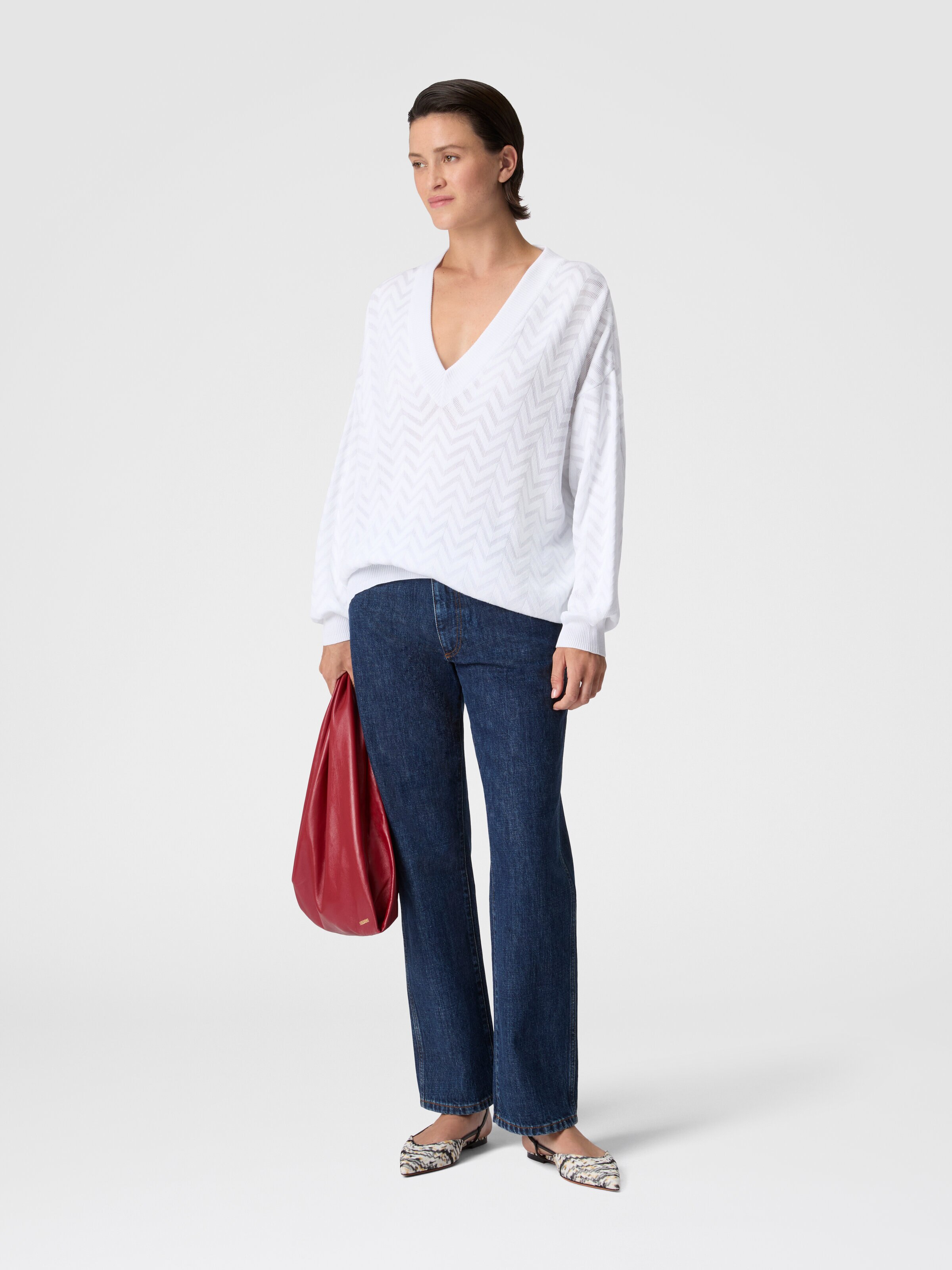 Chevron Cotton and Viscose V-Neck Sweater, White  - 1