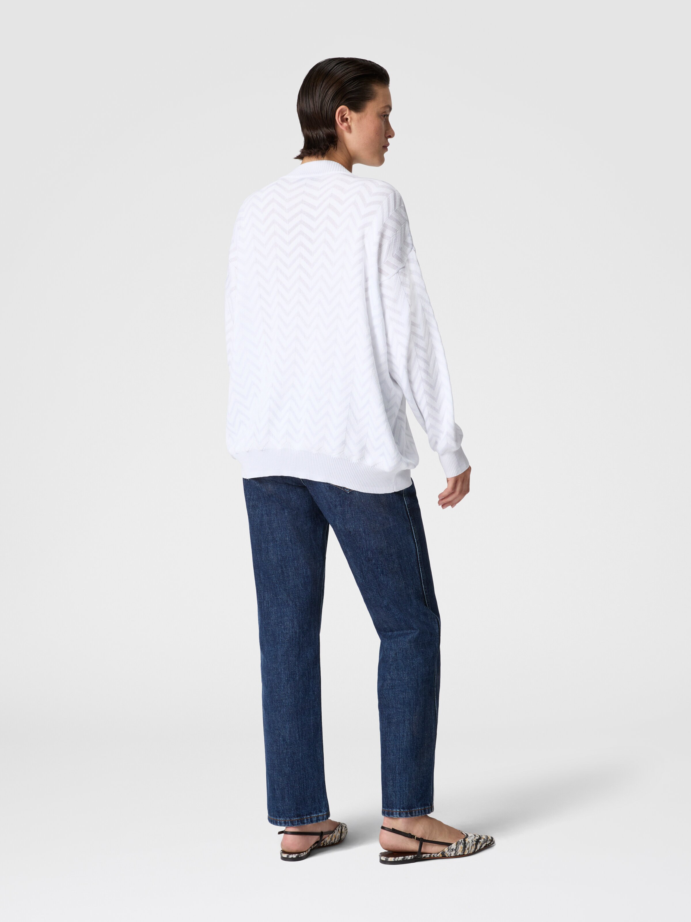 Chevron Cotton and Viscose V-Neck Sweater, White  - 2