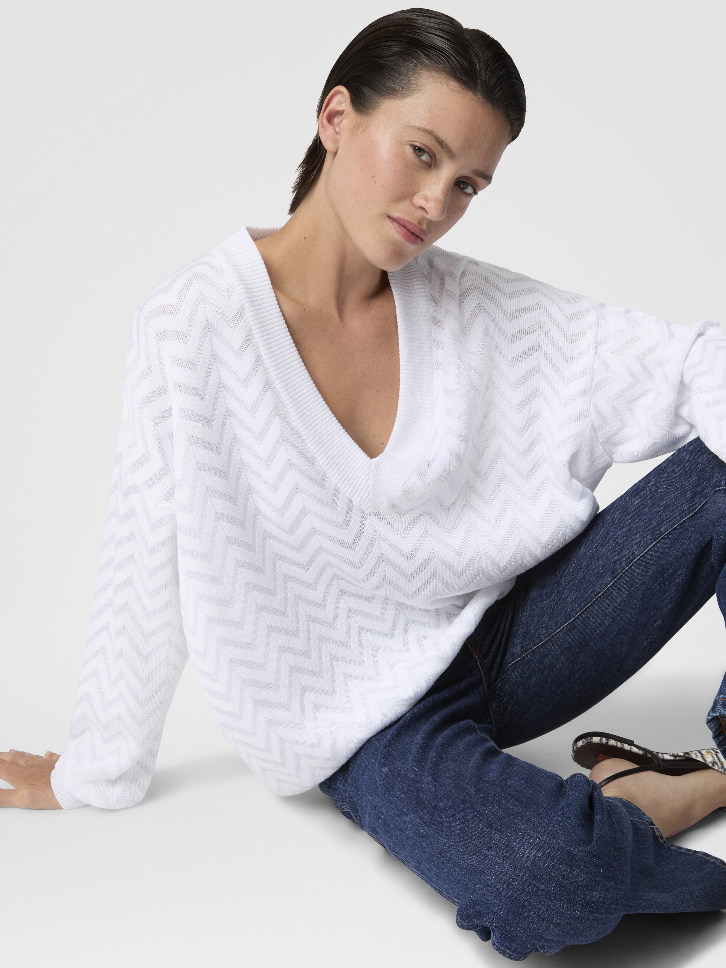 Chevron Cotton and Viscose V-Neck Sweater, White  - 3