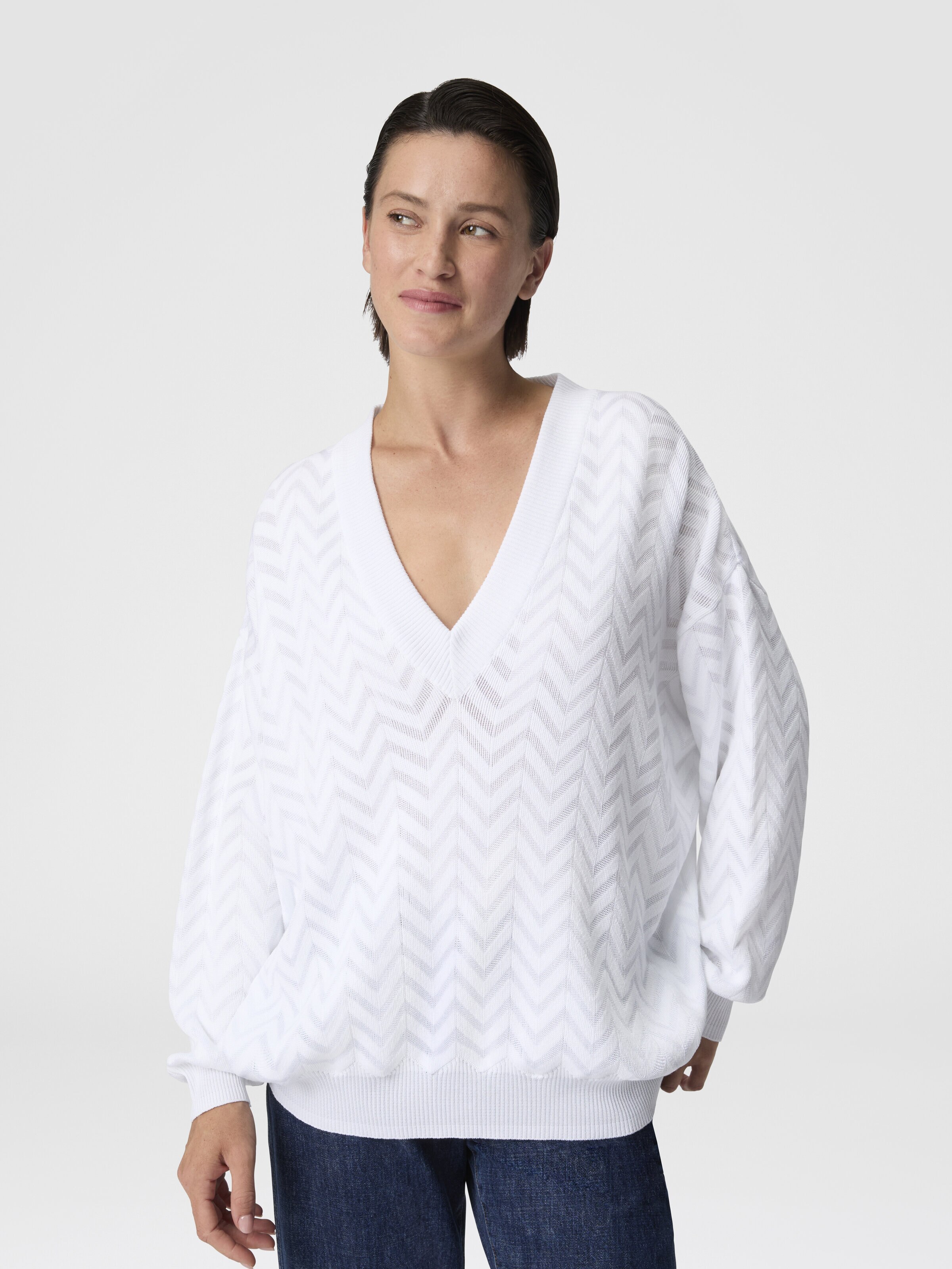 Chevron Cotton and Viscose V-Neck Sweater, White  - 4