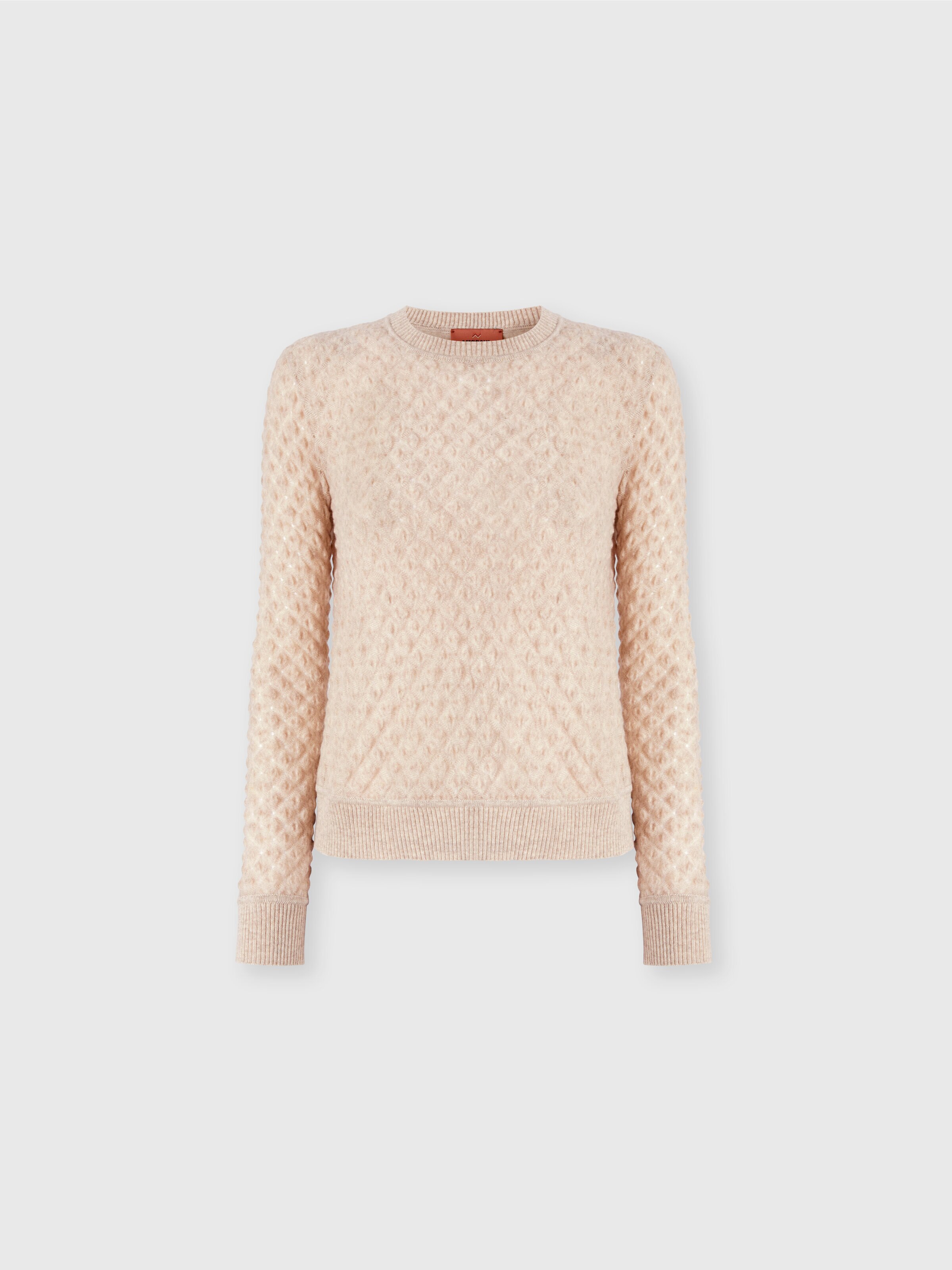 Cashmere Crewneck Sweater with Lace Pattern, Beige - 0