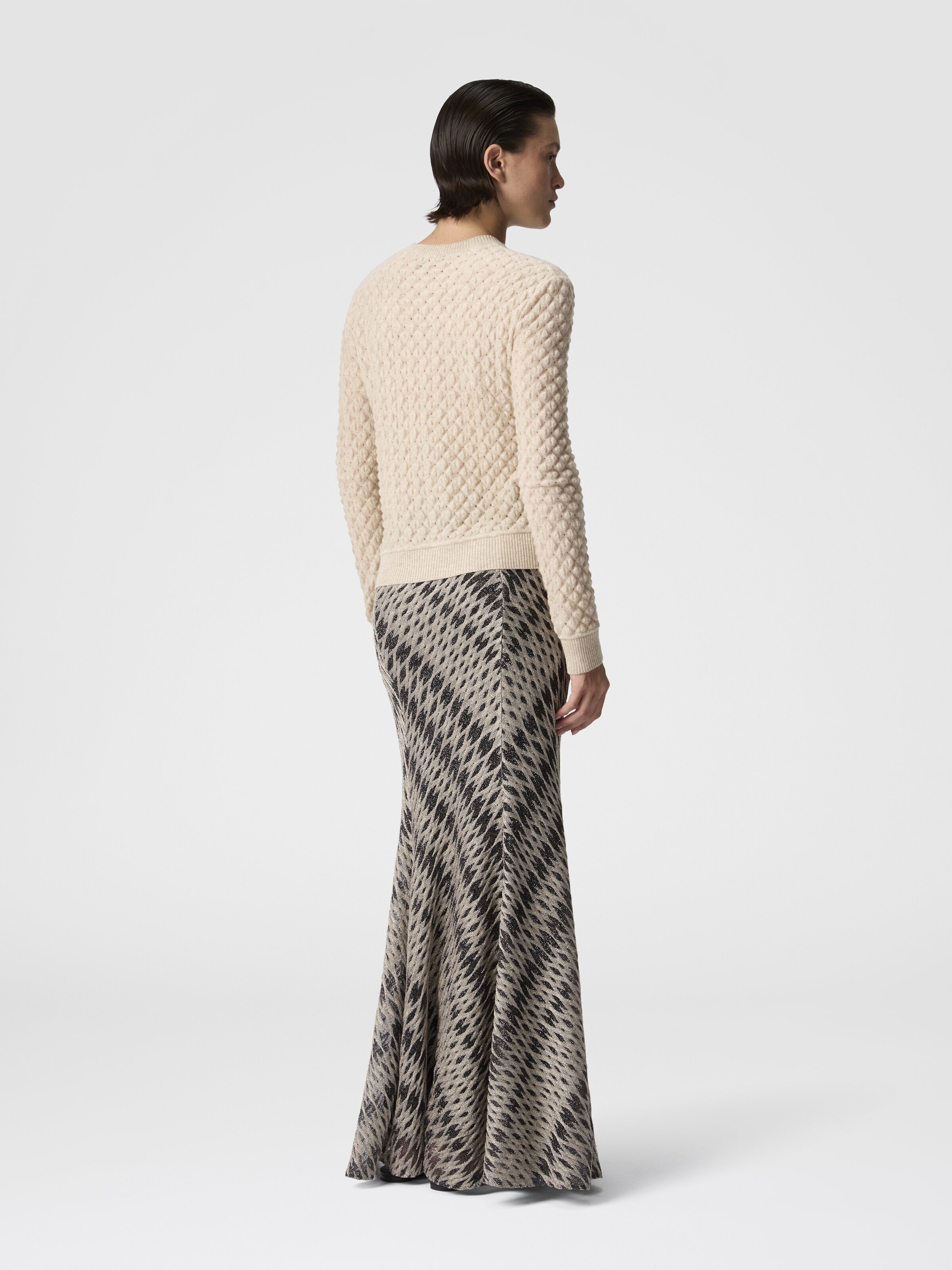 Cashmere Crewneck Sweater with Lace Pattern, Beige - 2