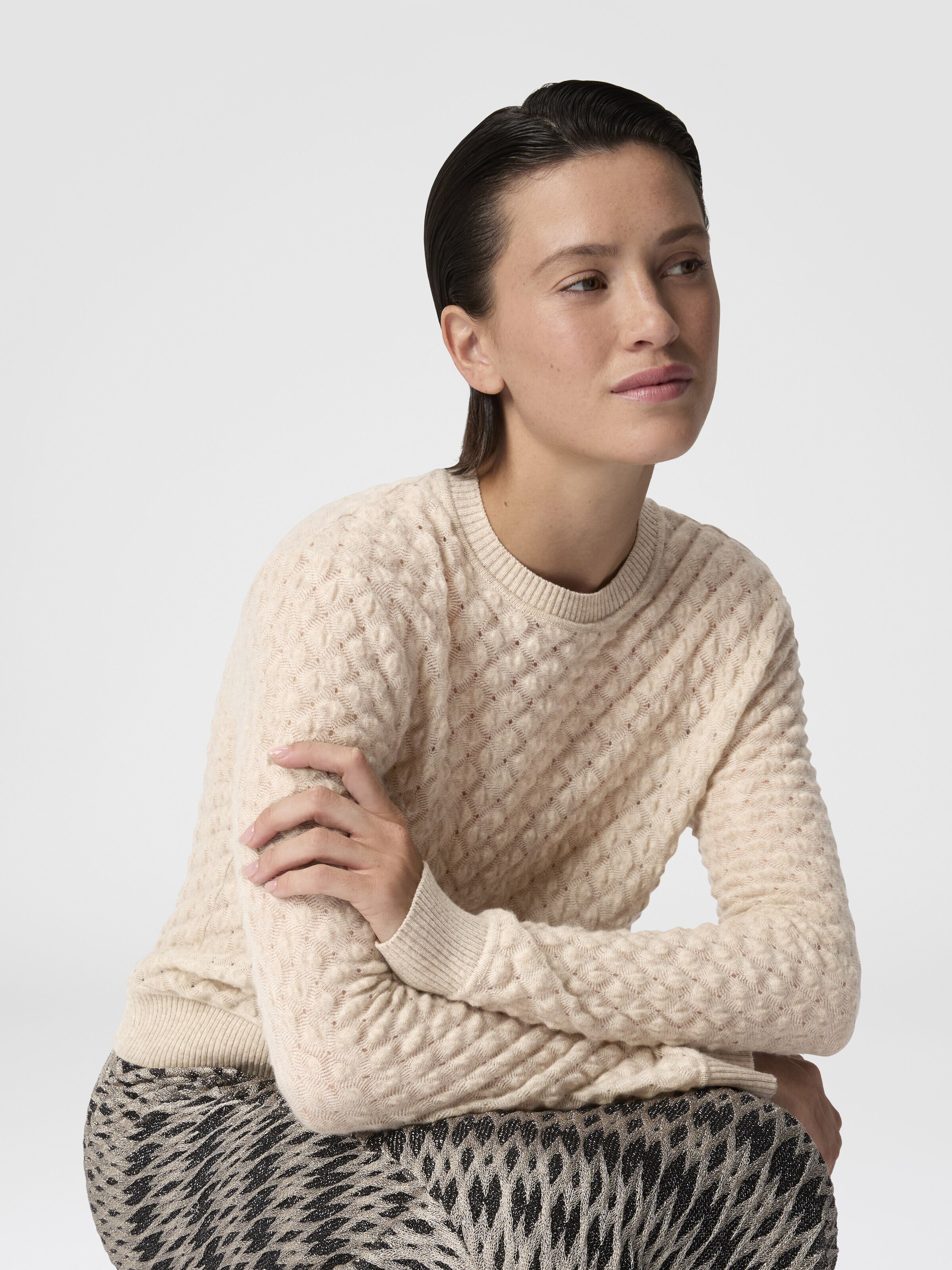 Cashmere Crewneck Sweater with Lace Pattern, Beige - 4