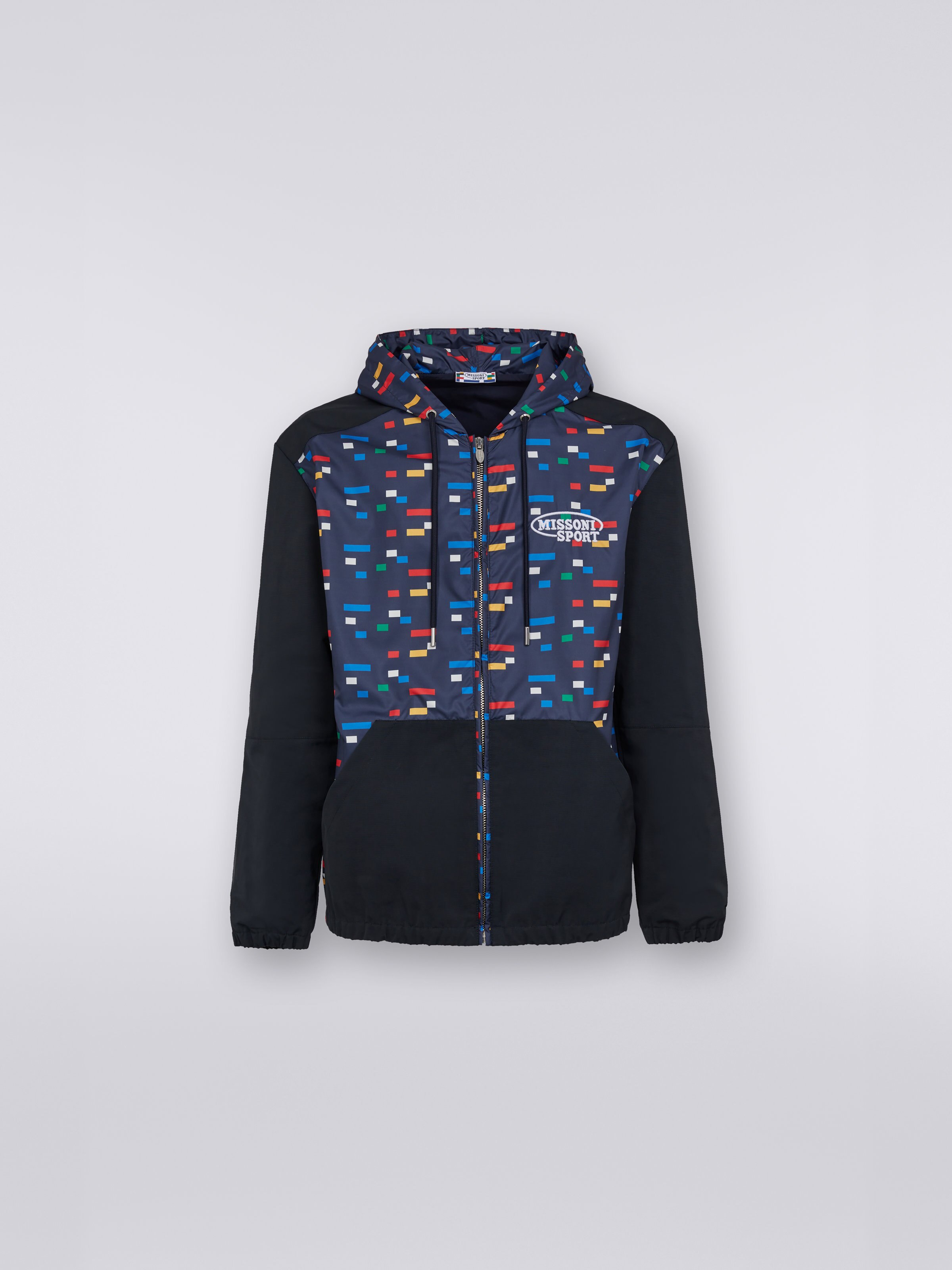 Hooded windbreaker with pixel print, Navy Blue  - 0