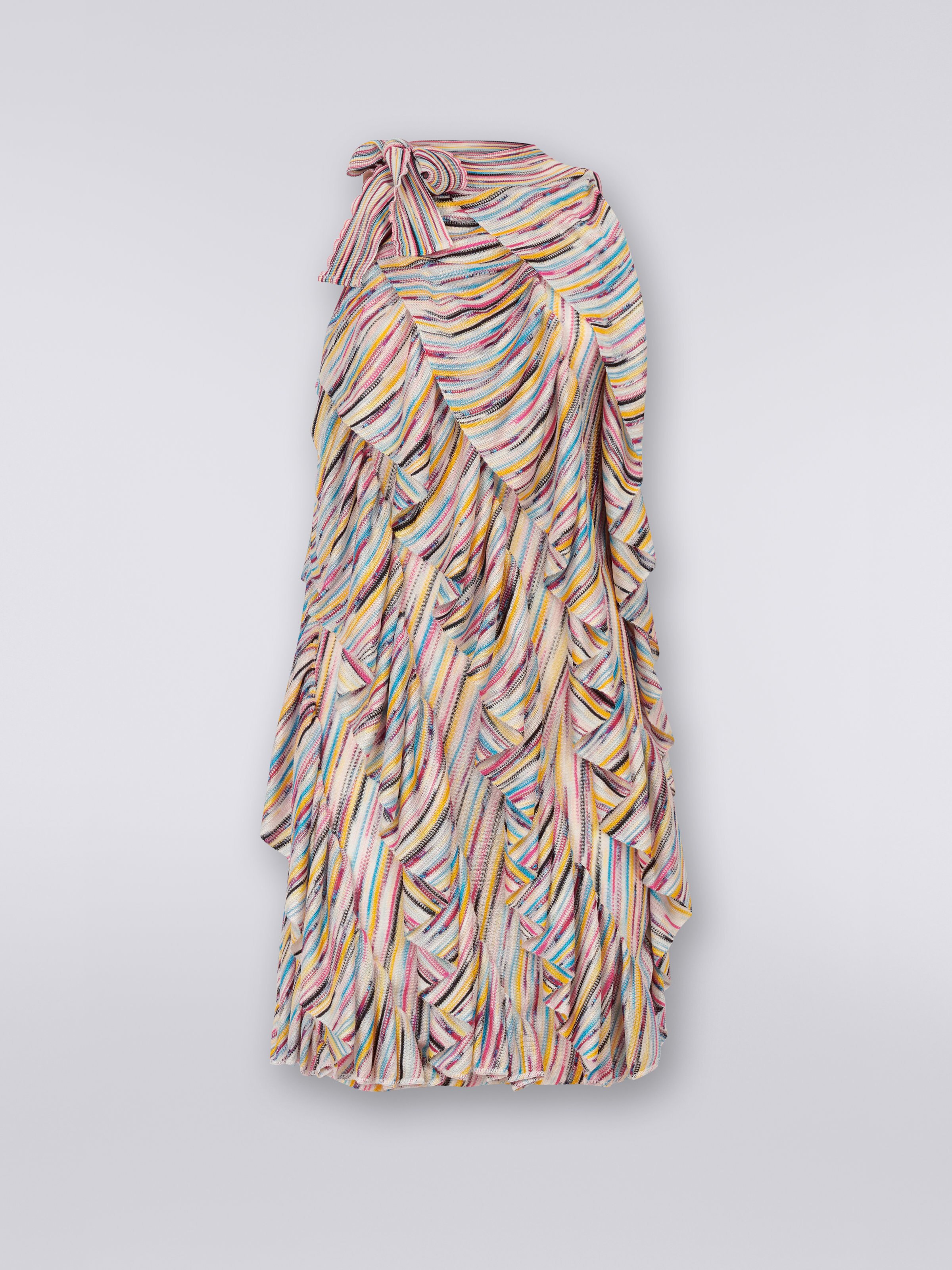 Vestido mini de punto con volantes y lazo en el cuello, Multicolor  - 0