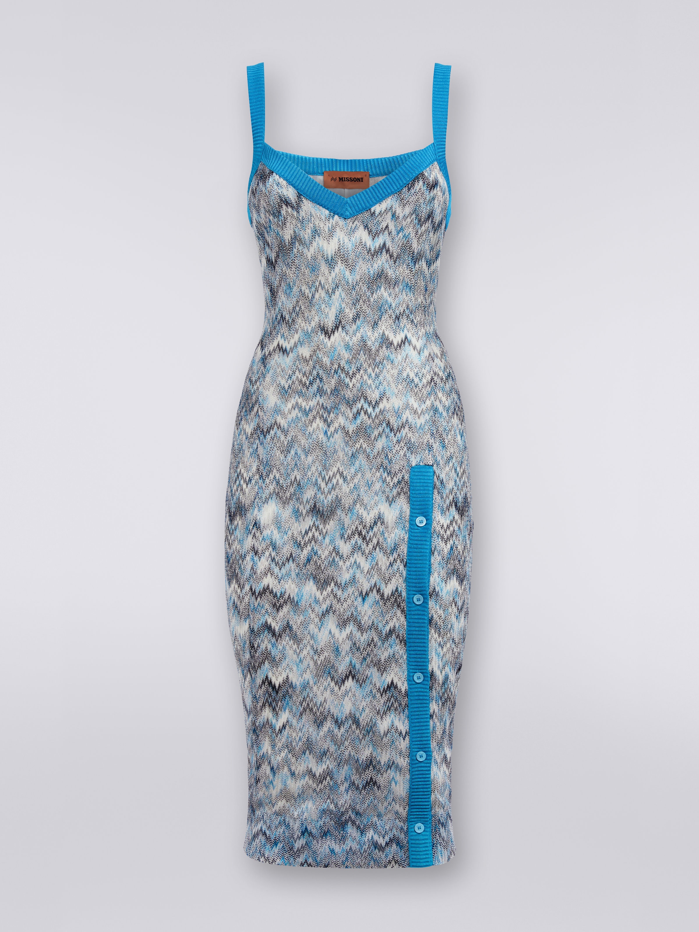 Sleeveless viscose longuette dress with side button placket, Multicoloured - 0