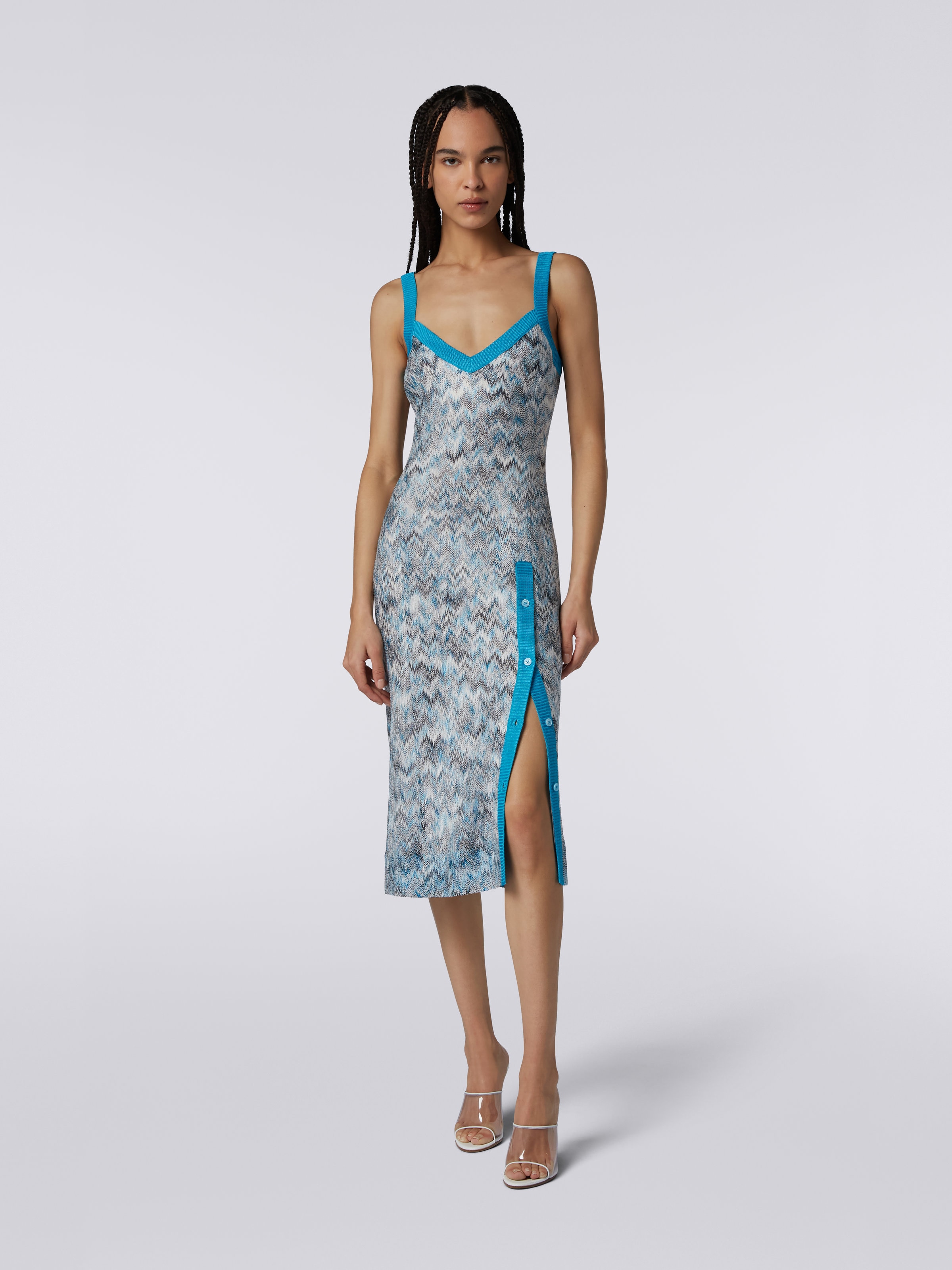 Sleeveless viscose longuette dress with side button placket, Multicoloured - 1
