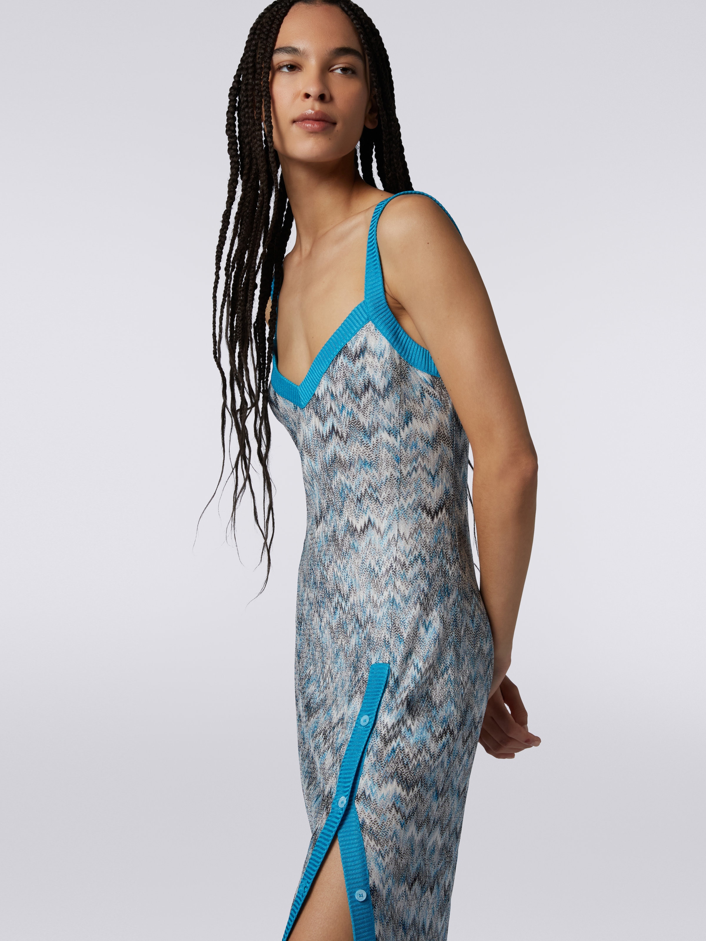 Sleeveless viscose longuette dress with side button placket, Multicoloured - 4