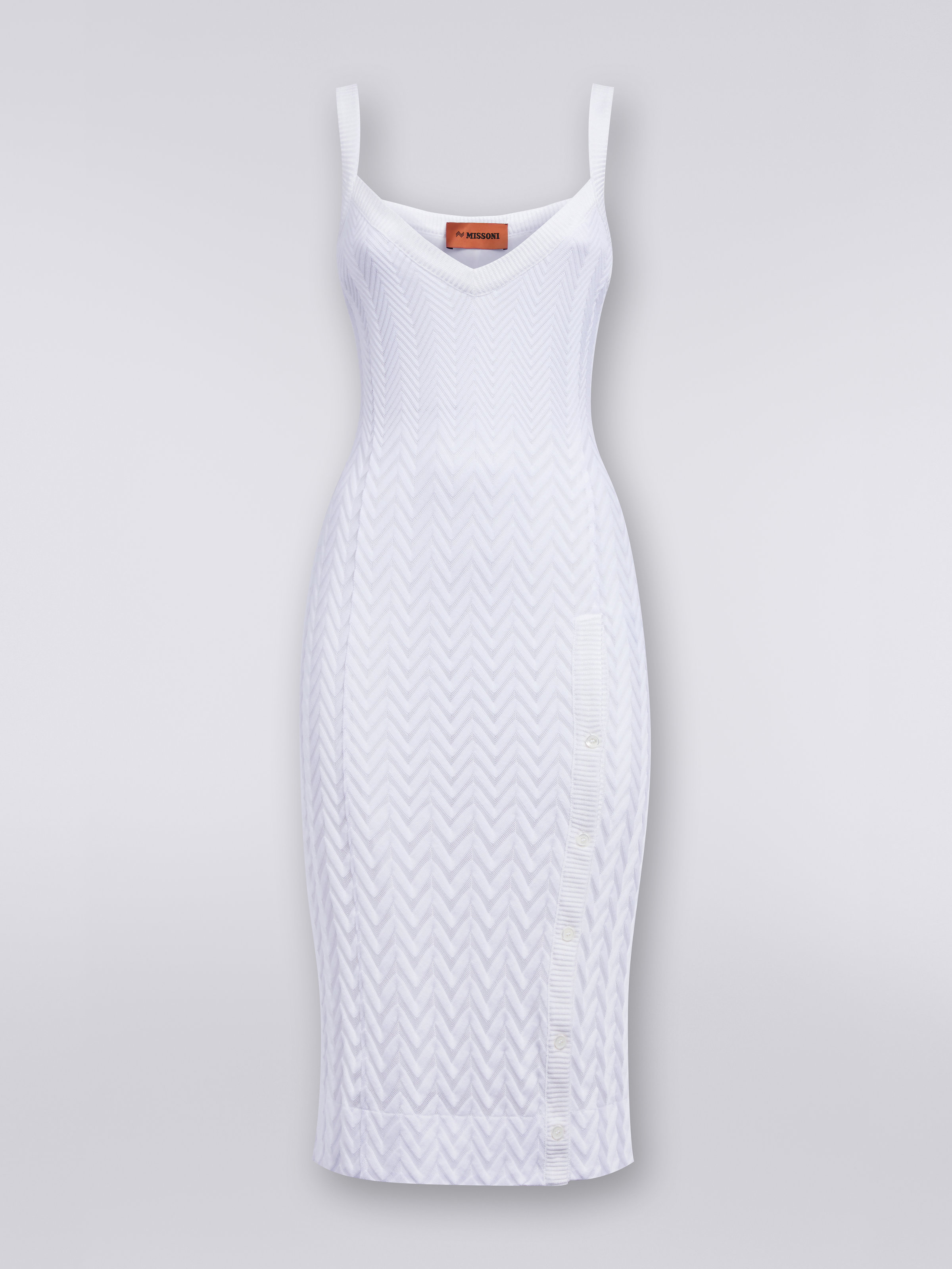 Ärmelloses Longuette-Kleid aus Baumwolle und Viskose mit seitlicher Knopfleiste, Weiß  - 0