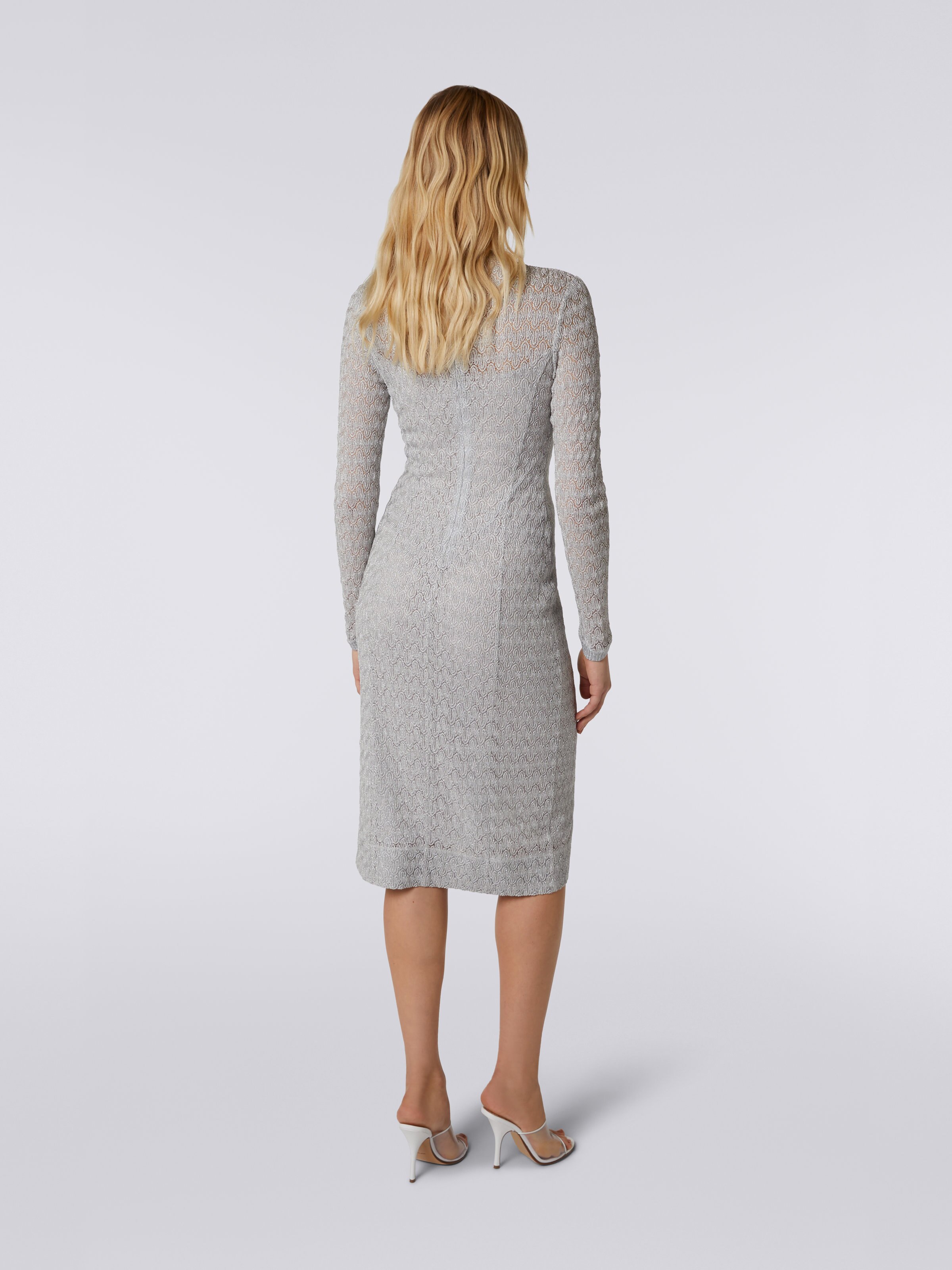 Lace-effect longuette dress with lamé, Silver & Grey Lamé - 3