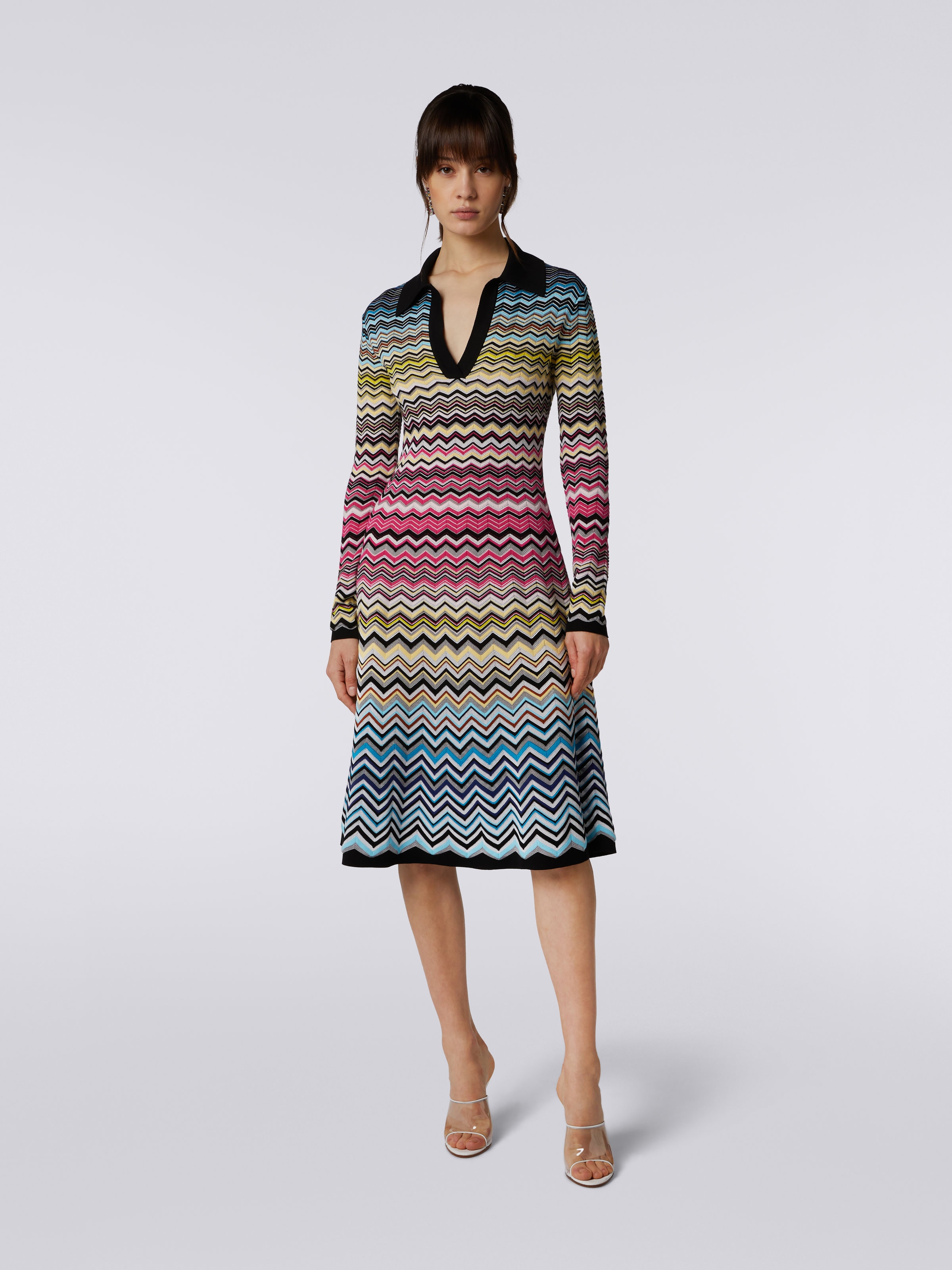 Cotton and viscose chevron longuette dress, Multicoloured - 1