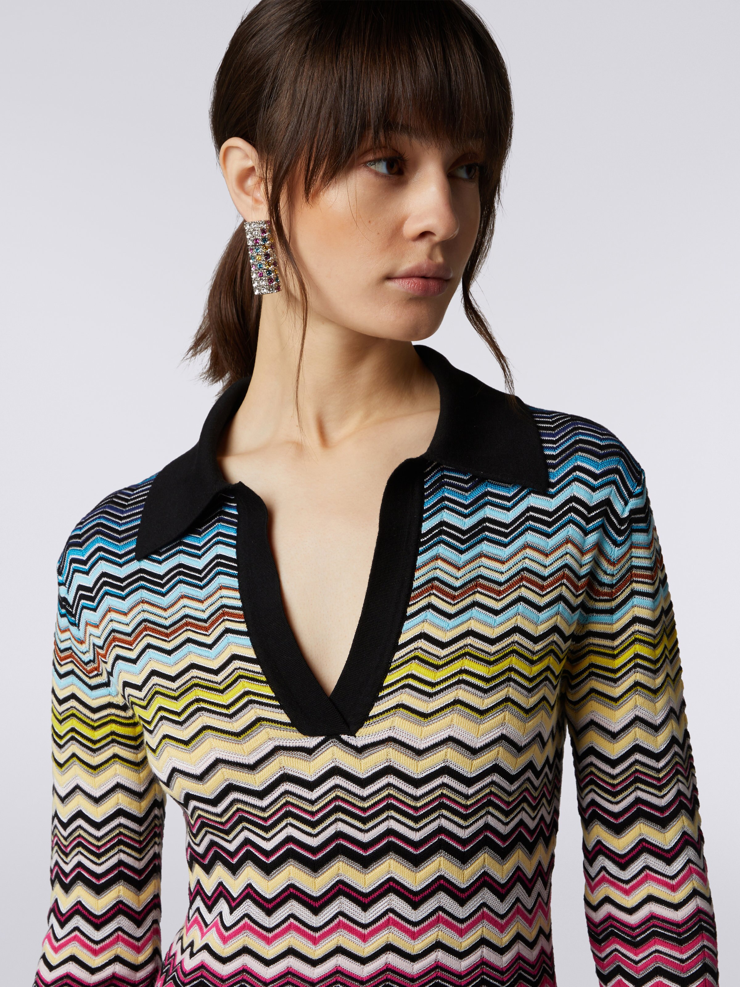 Cotton and viscose chevron longuette dress, Multicoloured - 4