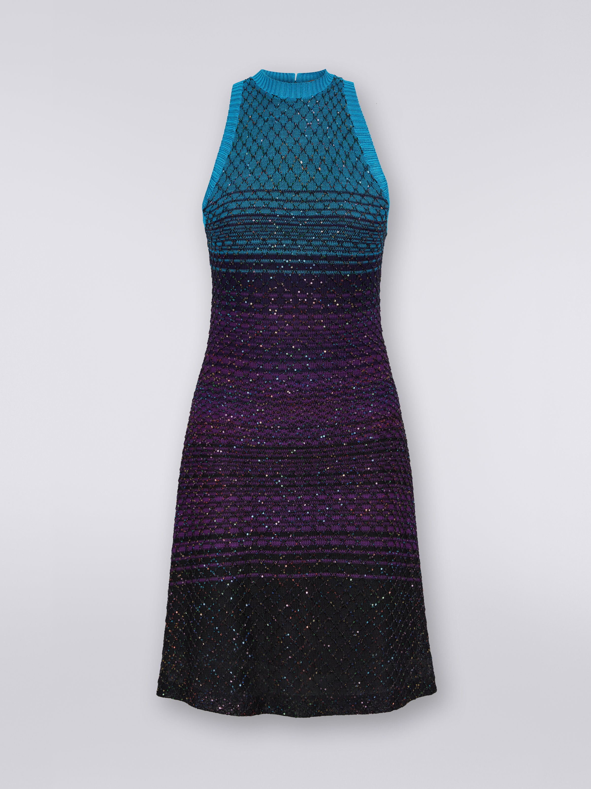 Sleeveless mesh dress with sequins, Turquoise, Purple & Black - 0