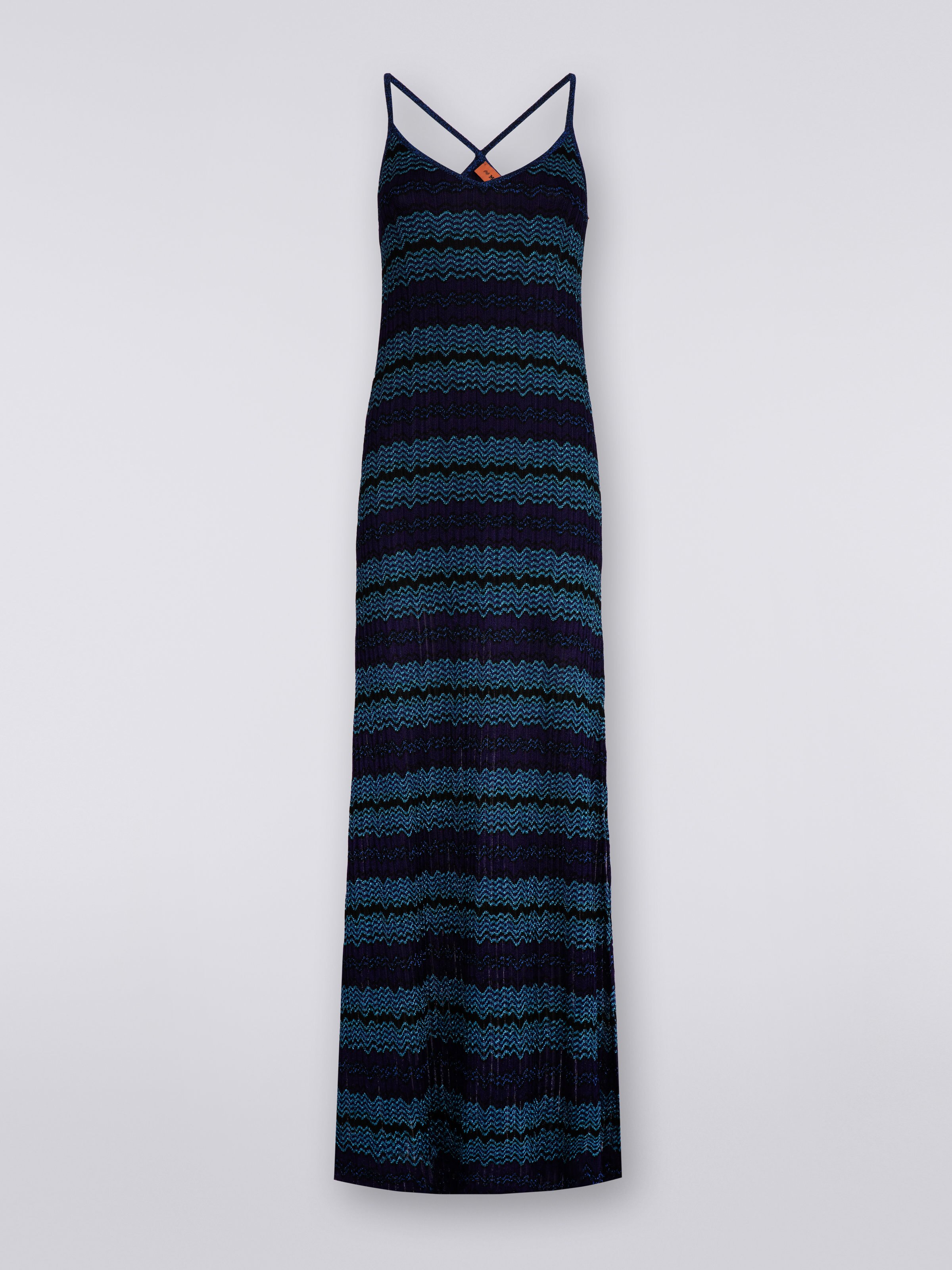 Langes Kleid aus Jacquard mit Lurex, Blau, Türkis & Schwarz - 0