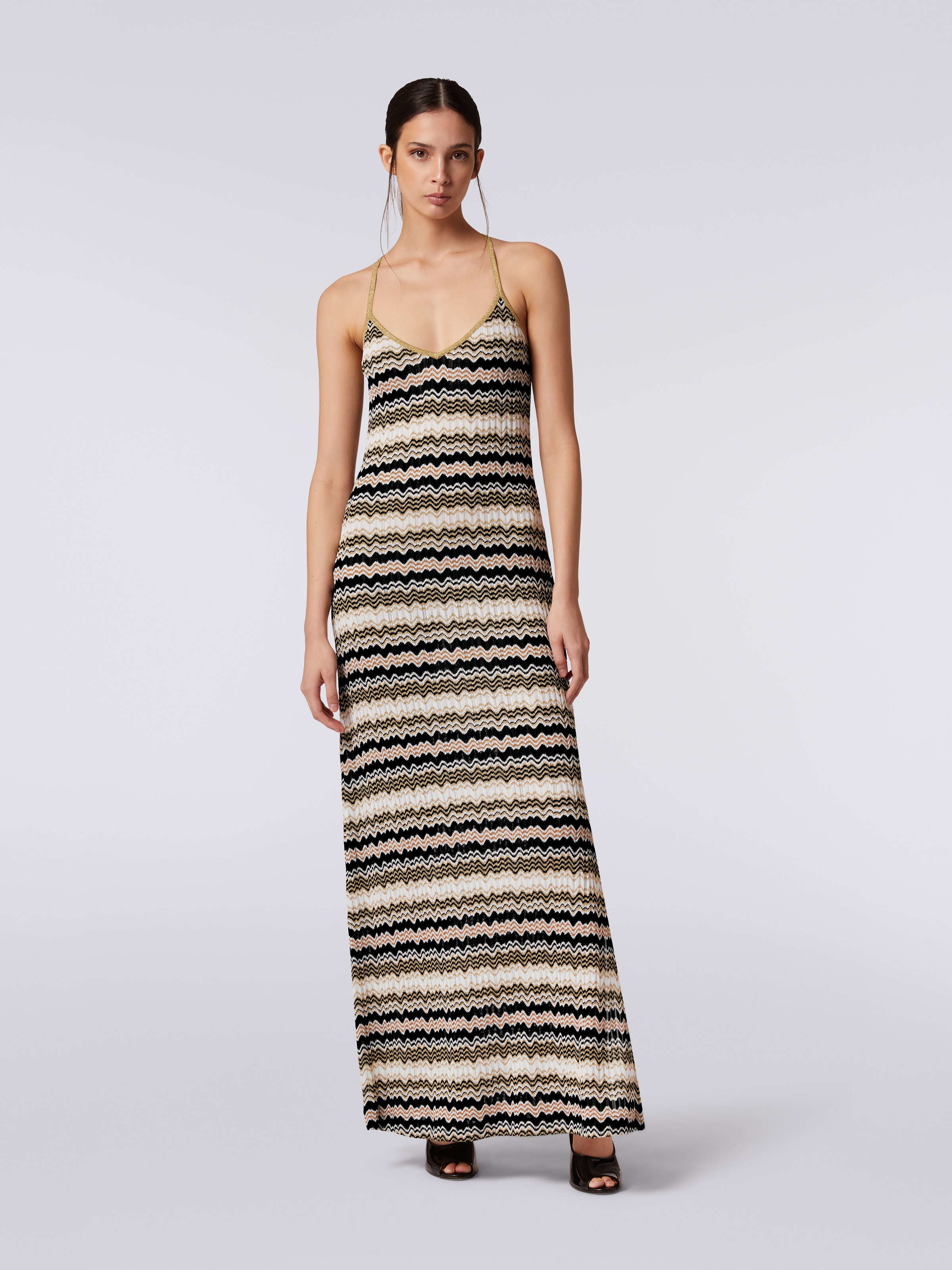 Jacquard long dress with Lurex, White, Black & Gold - 1