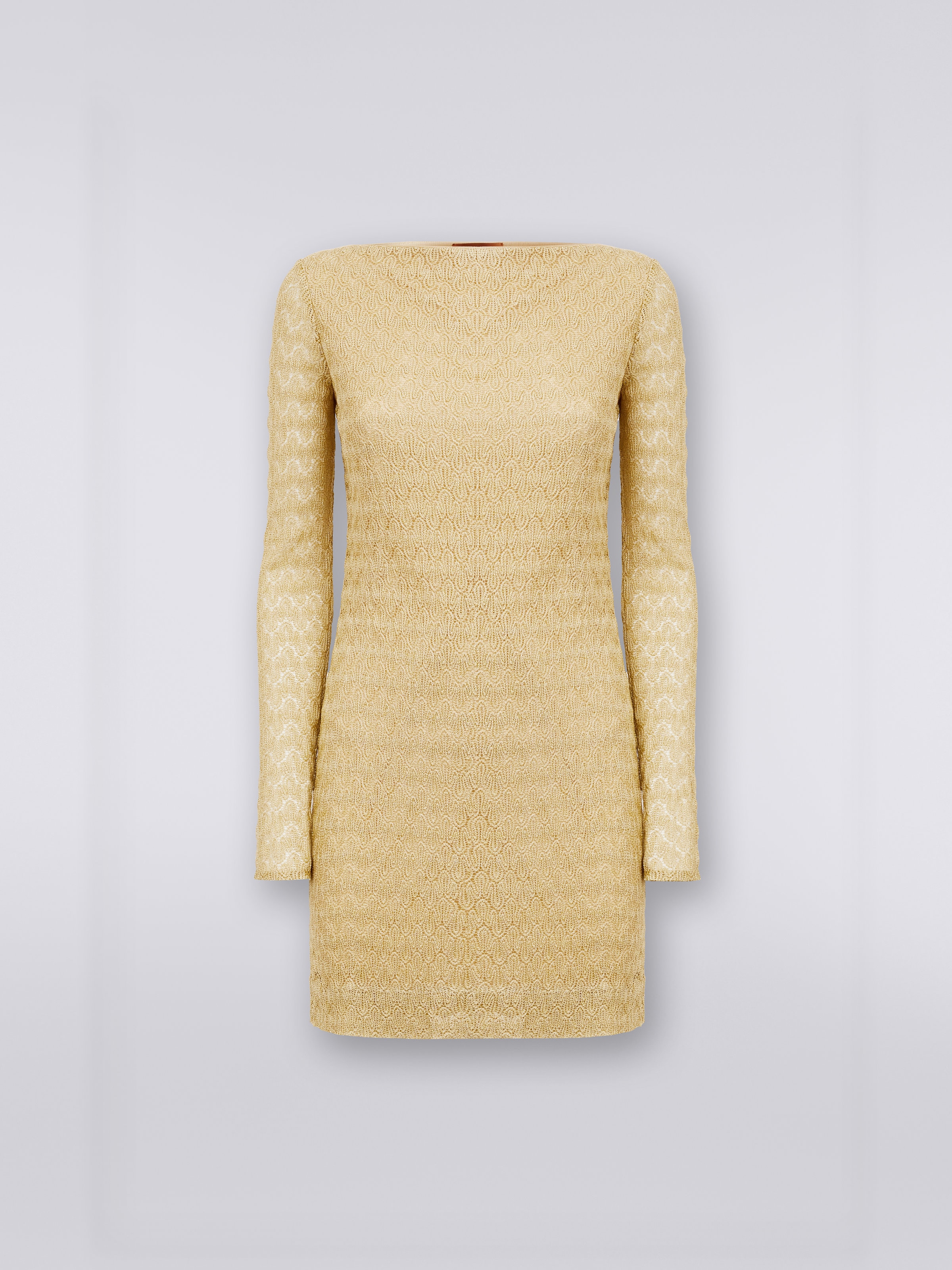 Viscose blend lace effect mini-dress with lamé, Ochre & Yellow Lamé - 0