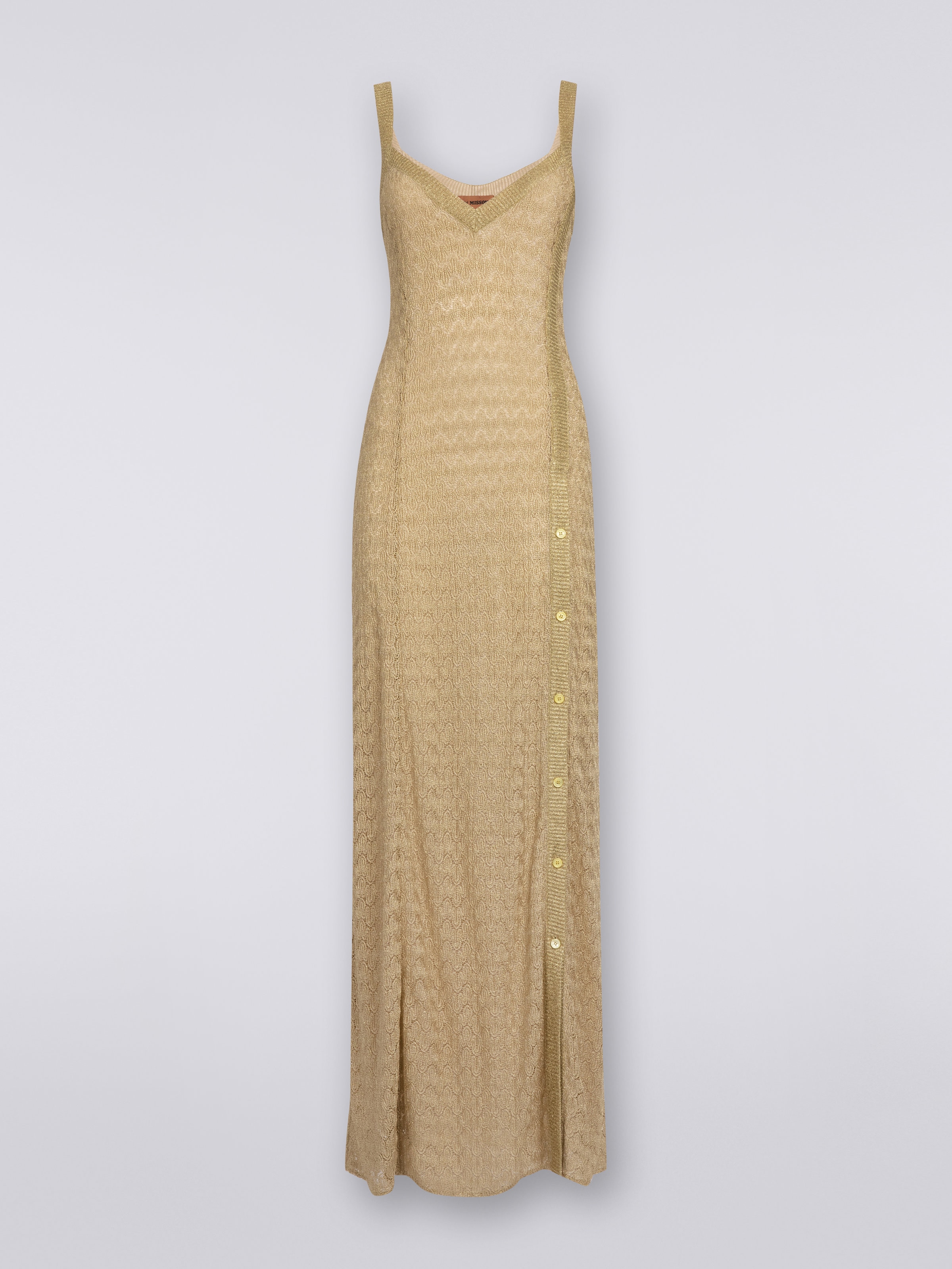 Long viscose blend lace dress with lamé, Ochre & Yellow Lamé - 0