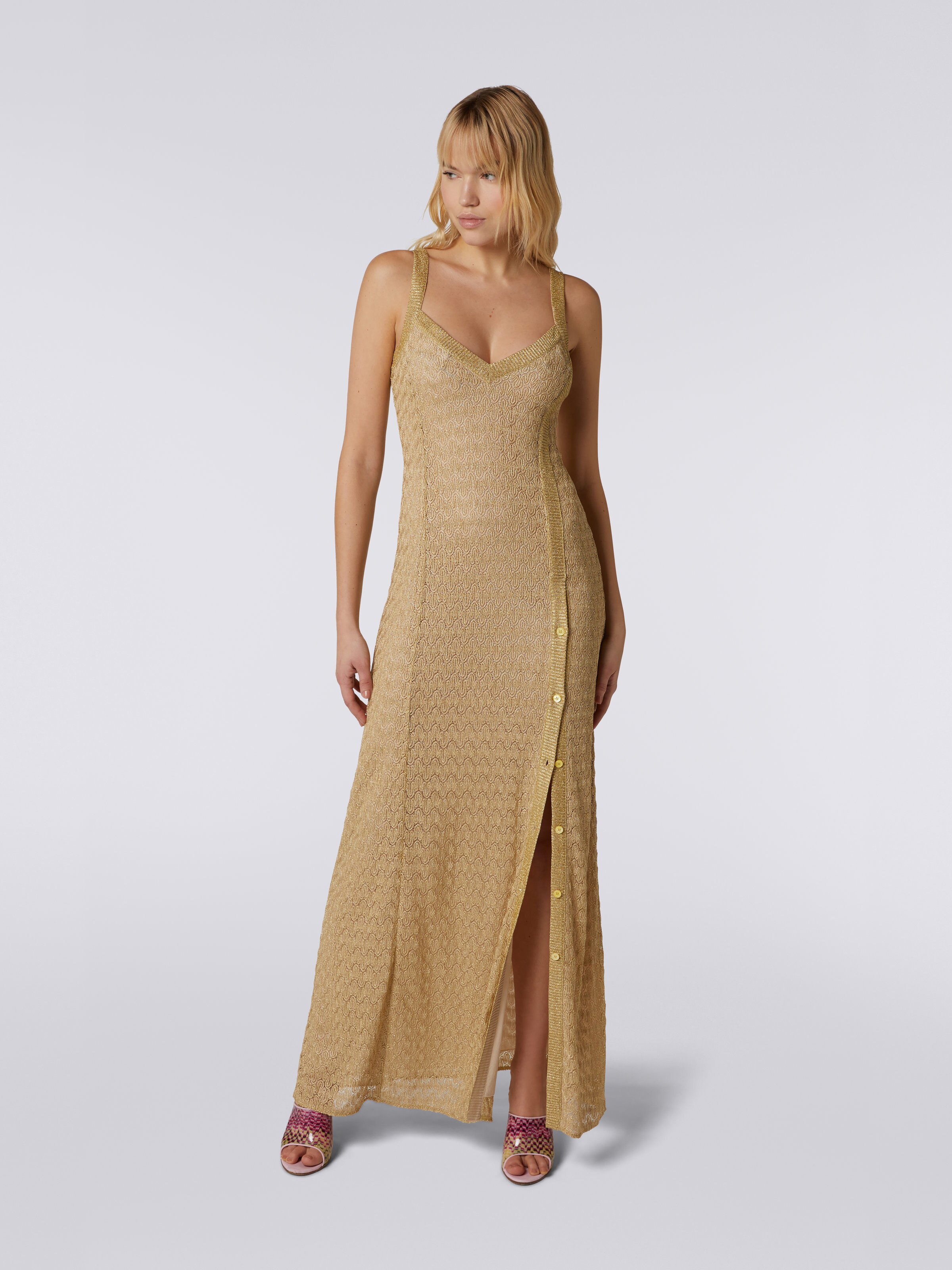 Long viscose blend lace dress with lamé, Ochre & Yellow Lamé - 1