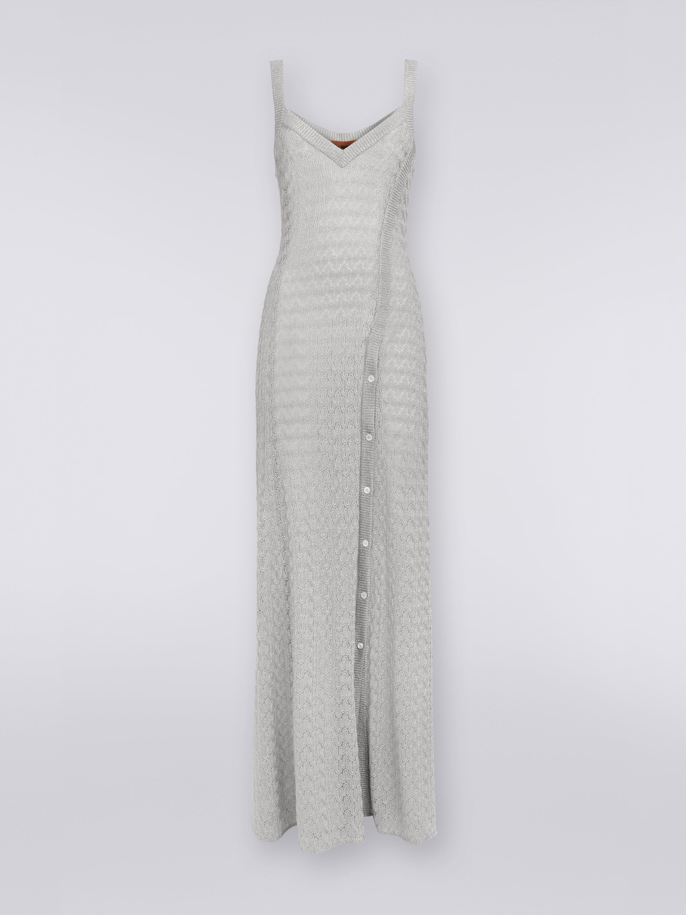 Long viscose blend lace dress with lamé, Silver & Grey Lamé - 0