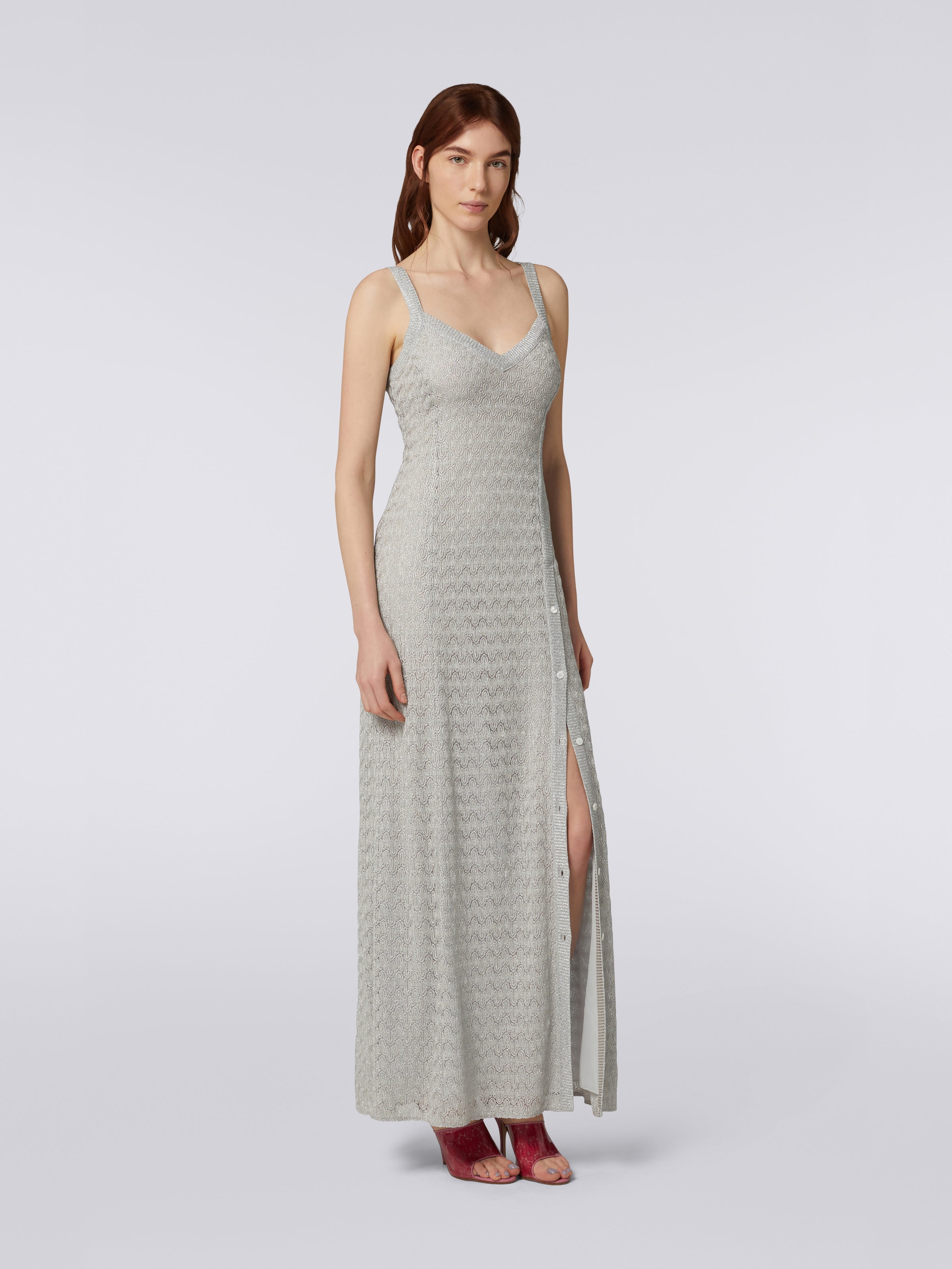 Long viscose blend lace dress with lamé, Silver & Grey Lamé - 1