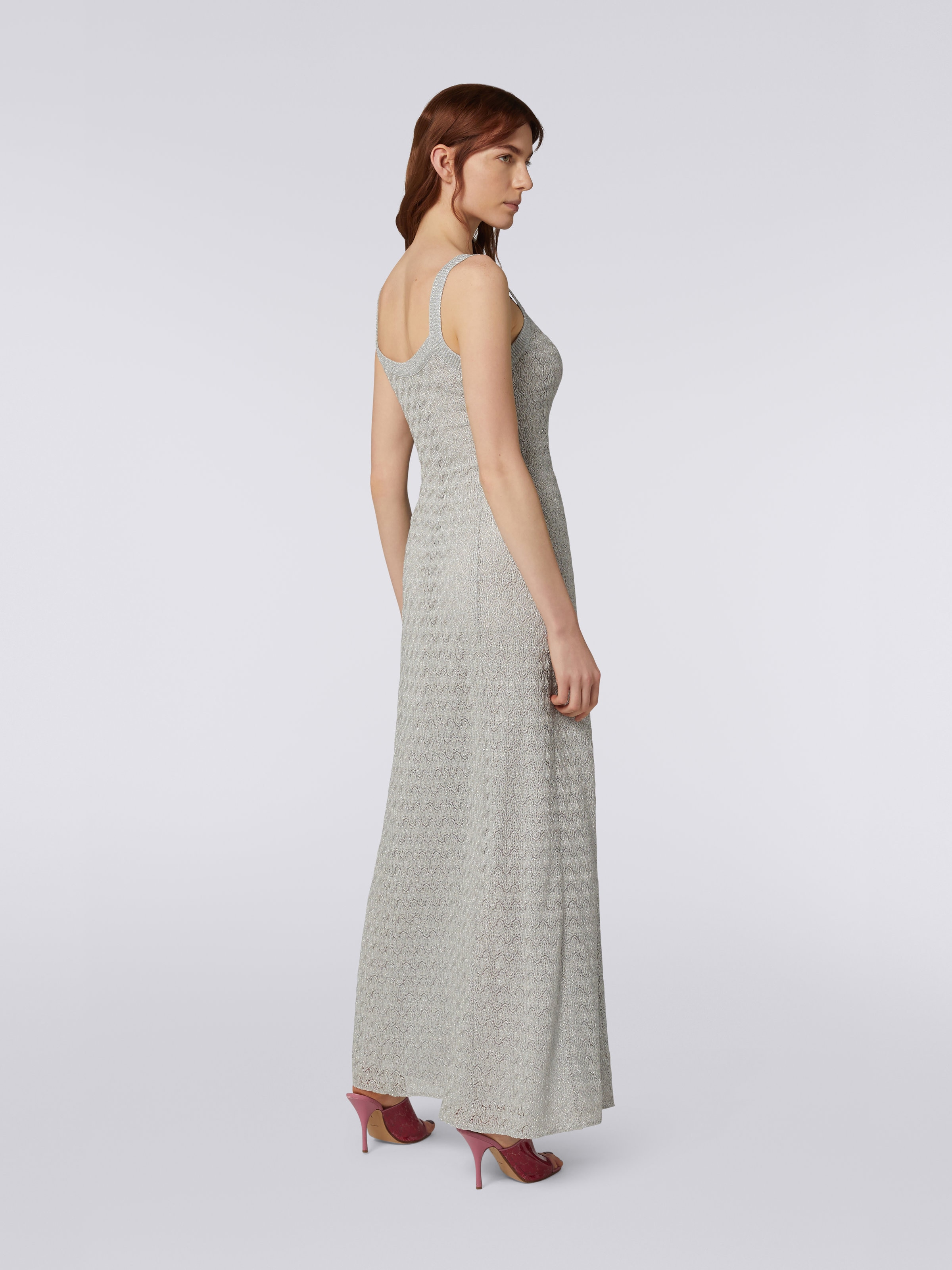 Long viscose blend lace dress with lamé, Silver & Grey Lamé - 3