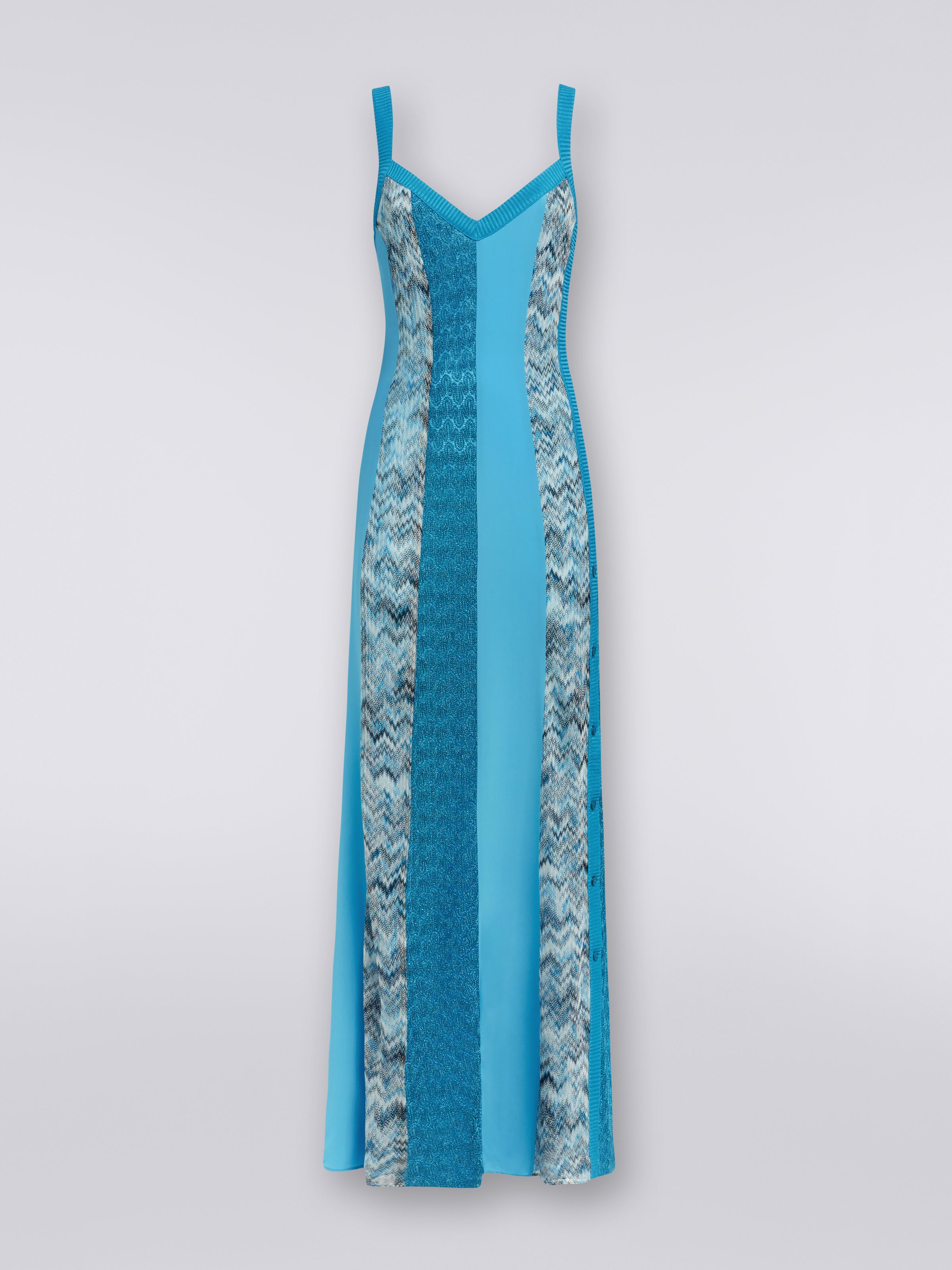 Patchwork long dress with side button placket, Blue - 0