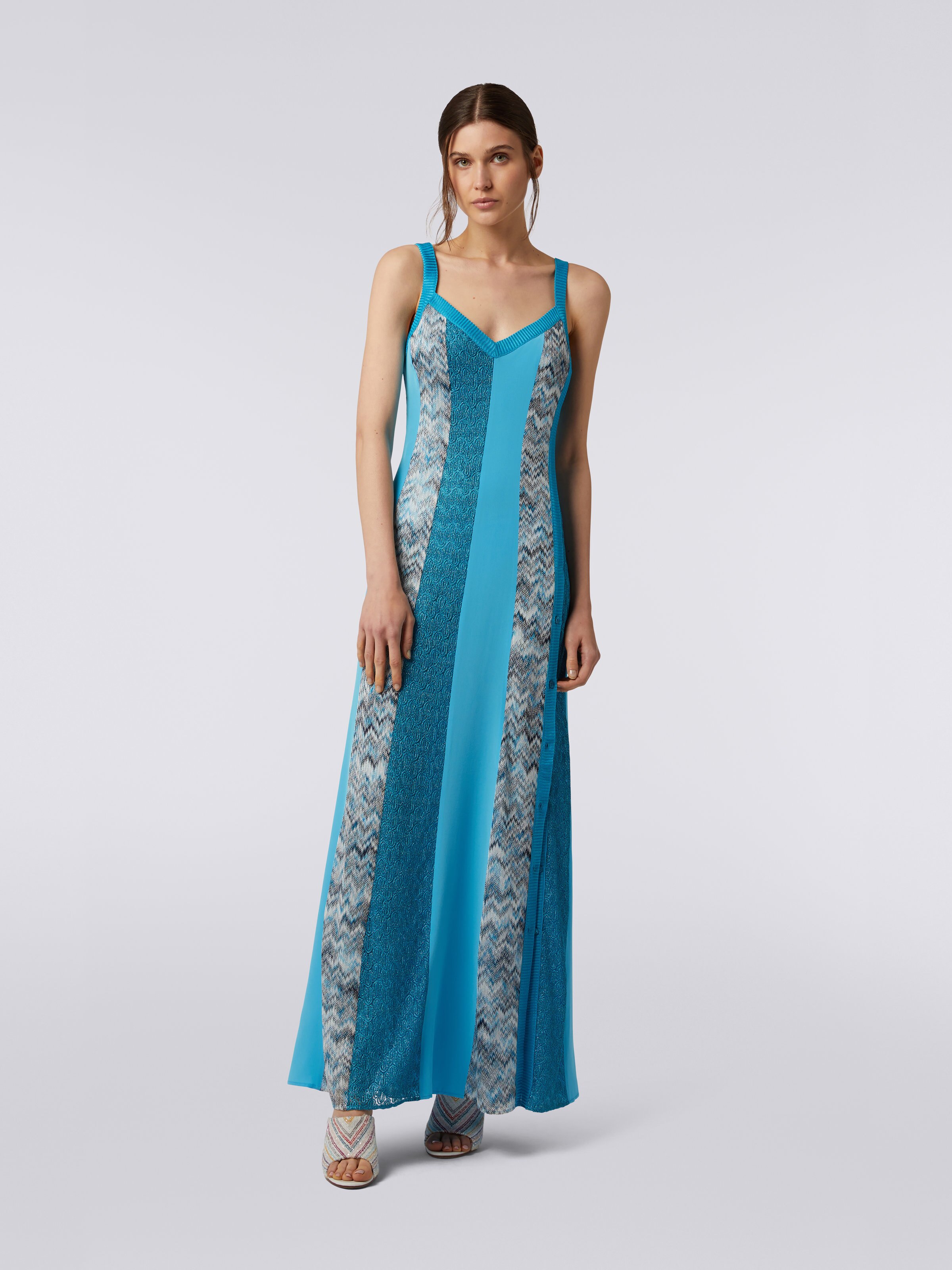 Patchwork long dress with side button placket, Blue - 1