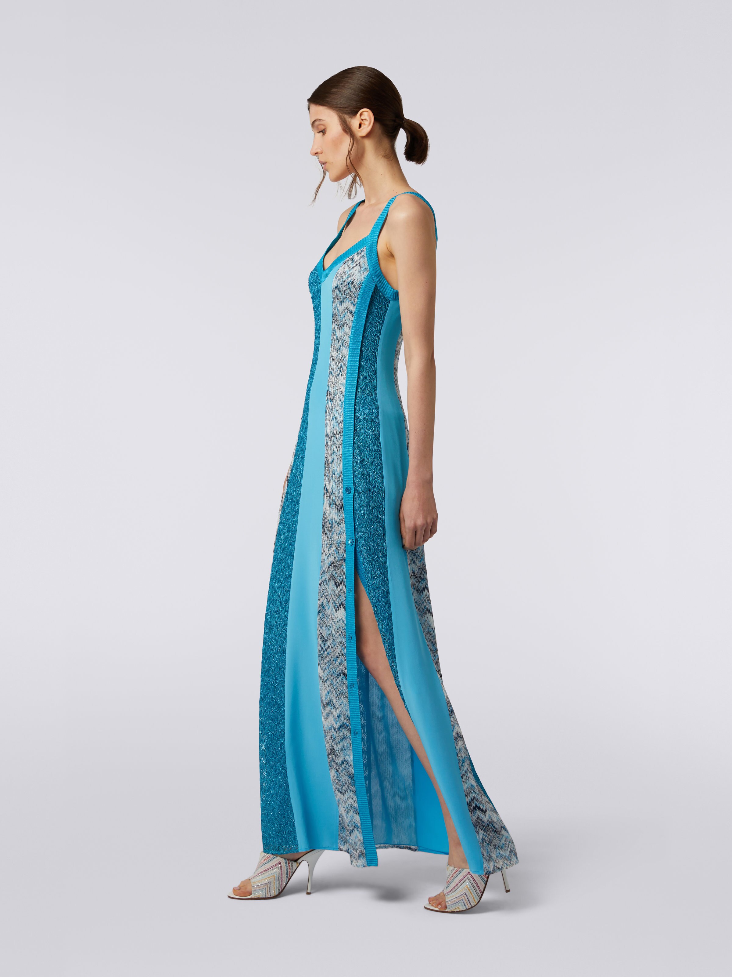 Patchwork long dress with side button placket, Blue - 2