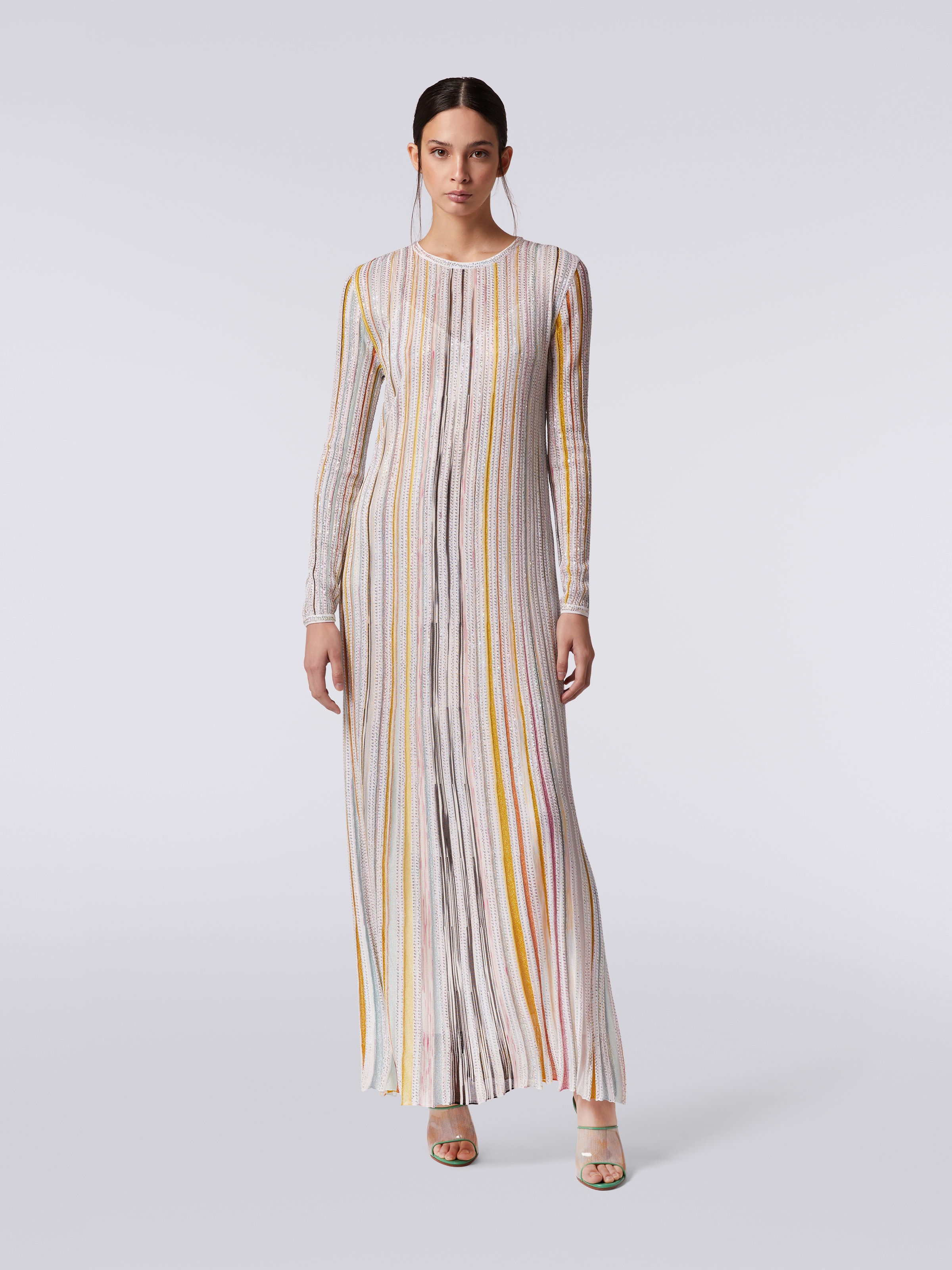 Long pleated dress with sequins, White & Multicoloured   - 1