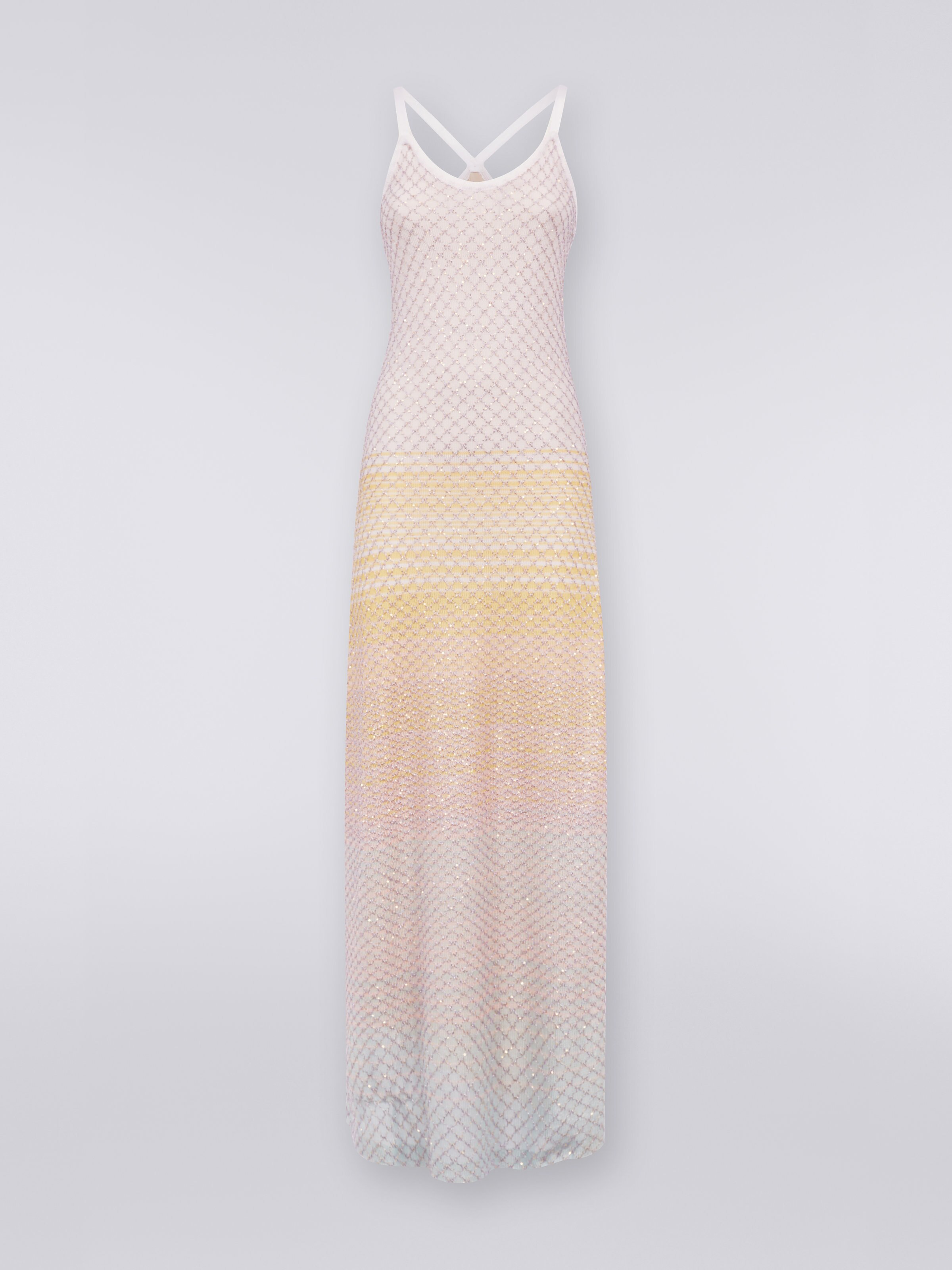 Long net dress with dégradé pattern and sequins, Multicoloured - 0