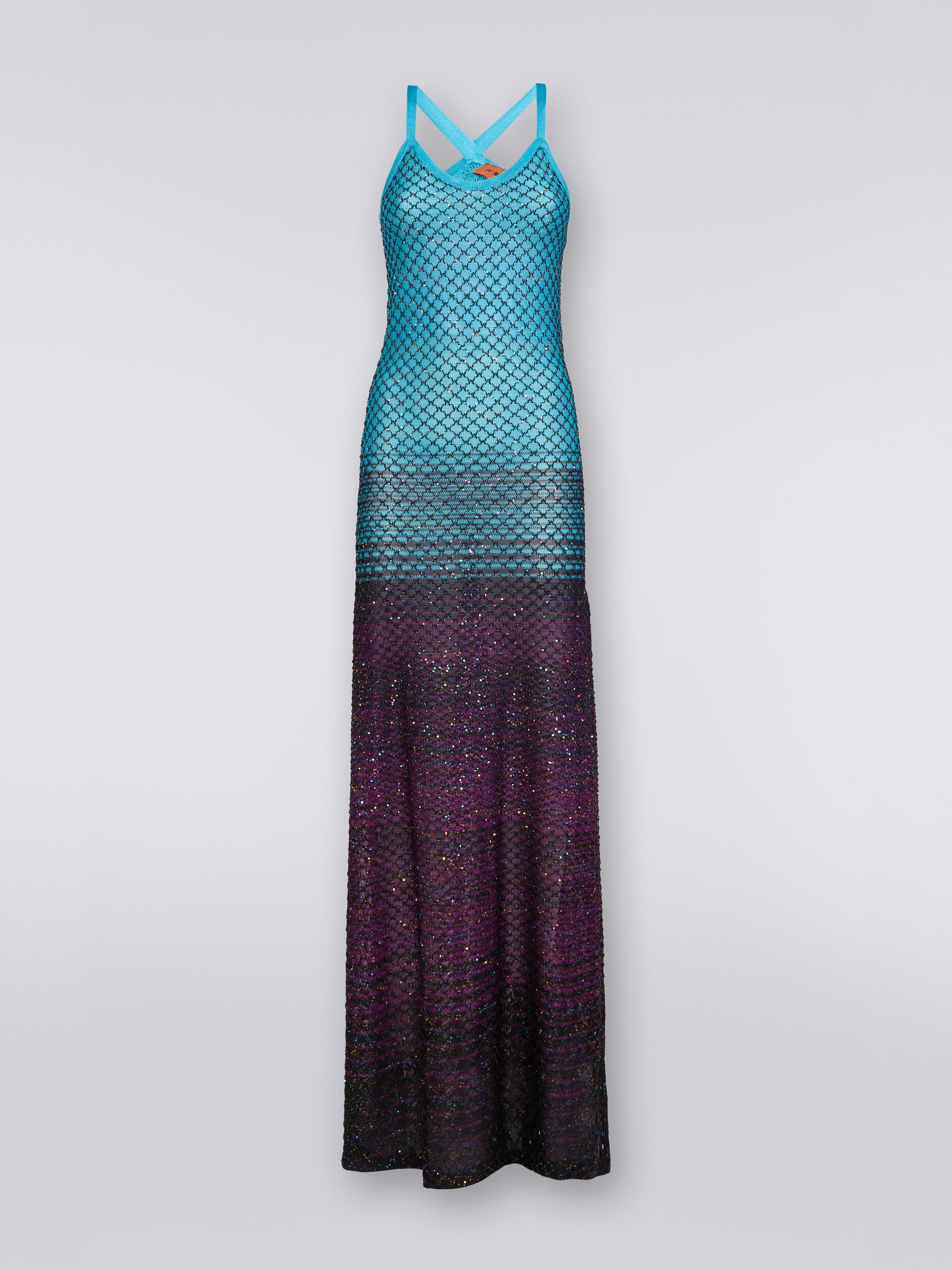 Long net dress with dégradé pattern and sequins, Turquoise, Purple & Black - 0