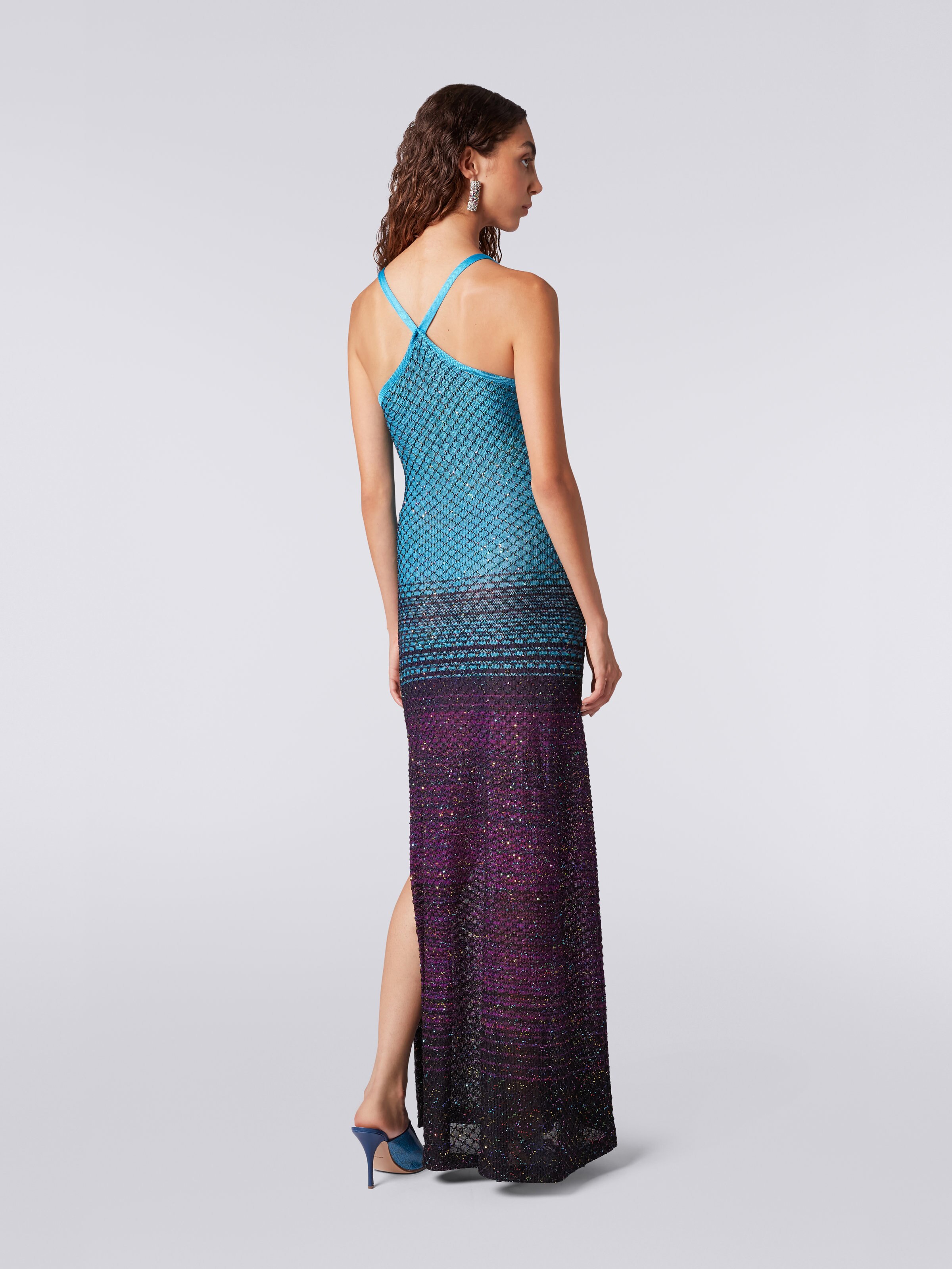 Long net dress with dégradé pattern and sequins, Turquoise, Purple & Black - 3