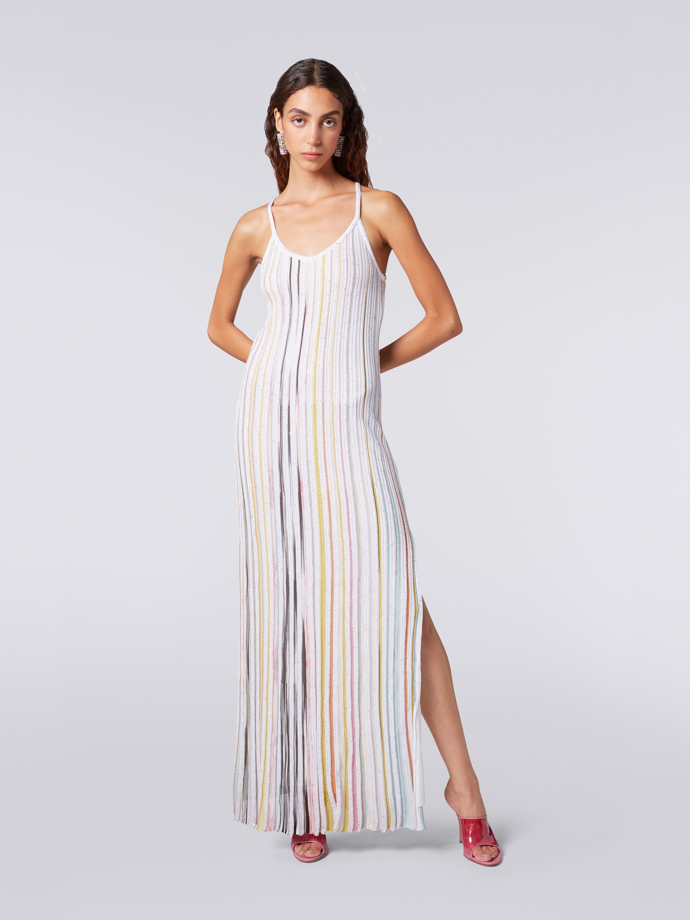 Long ribbed knit dress with sequins, White & Multicoloured   - 1