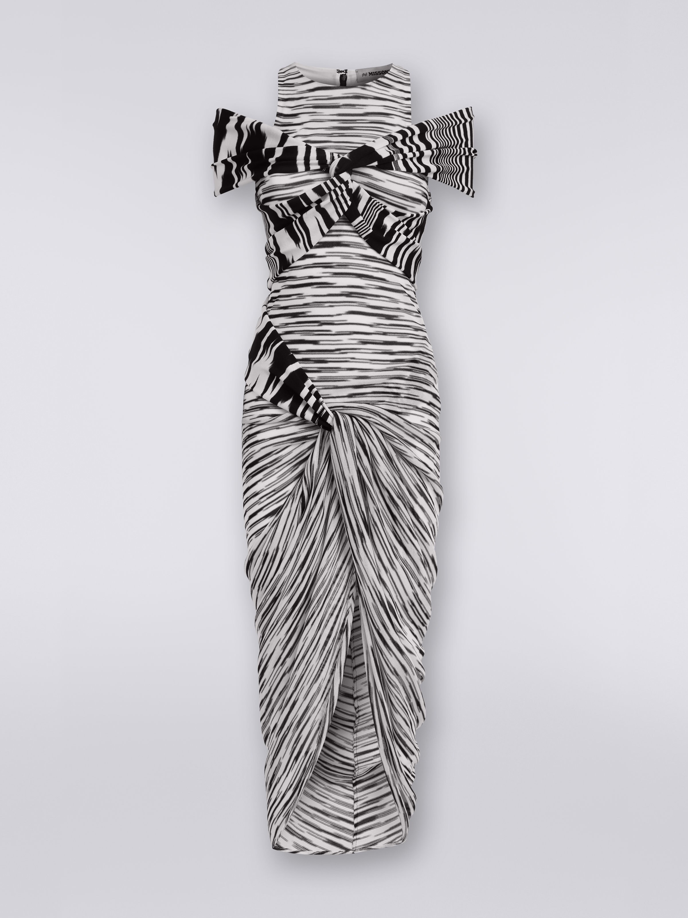 Long viscose dress with knots and gathers, Black & White - 0