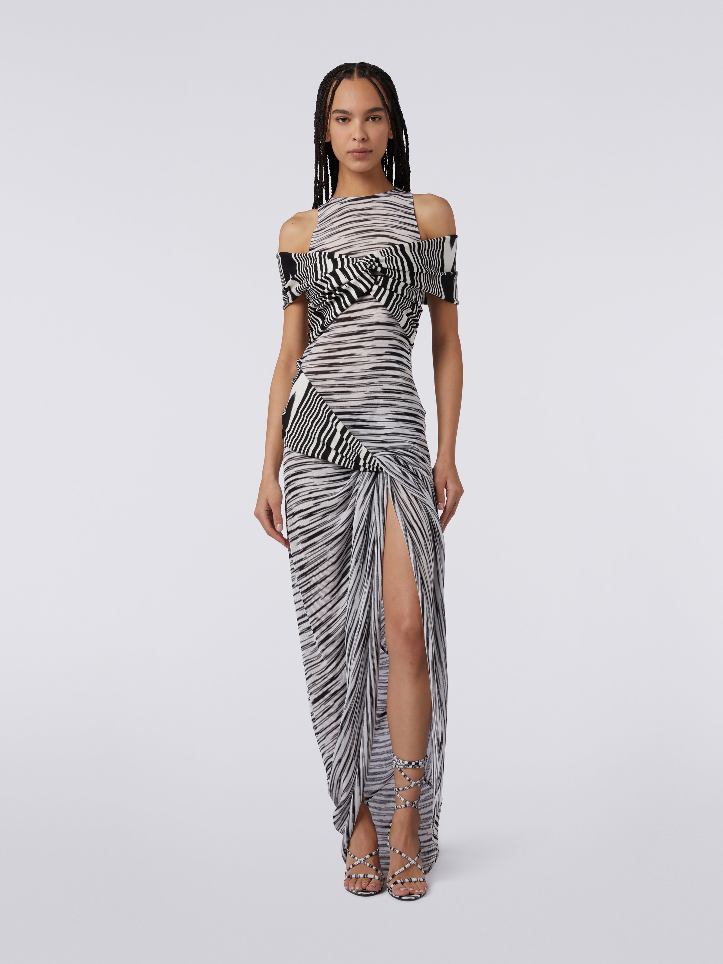 Long viscose dress with knots and gathers, Black & White - 1