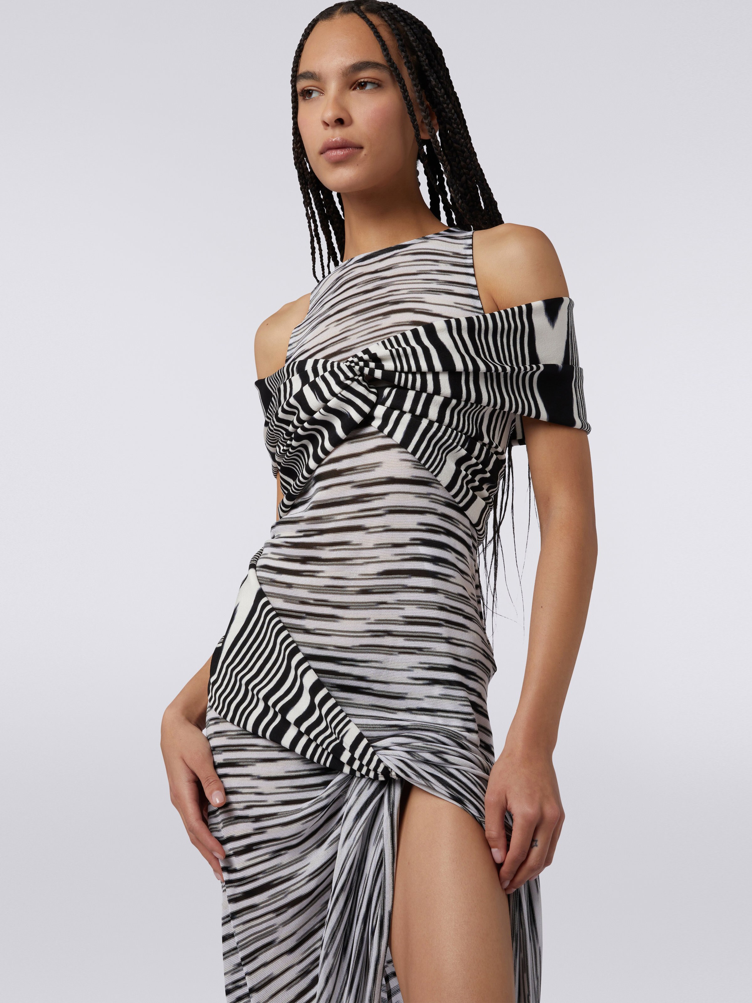 Long viscose dress with knots and gathers, Black & White - 4