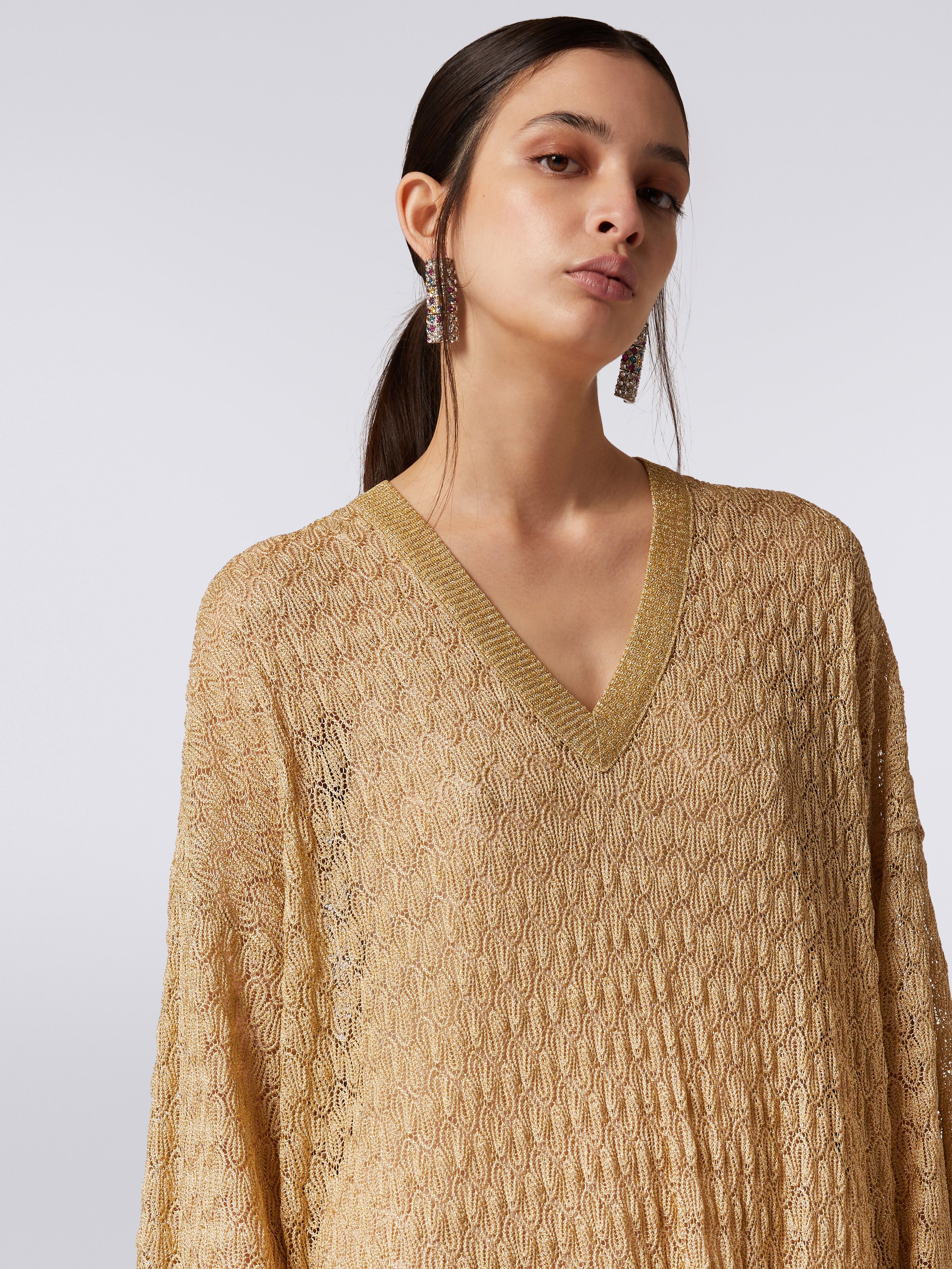 Long lace-effect kaftan with lamé, Ochre & Yellow Lamé - 4