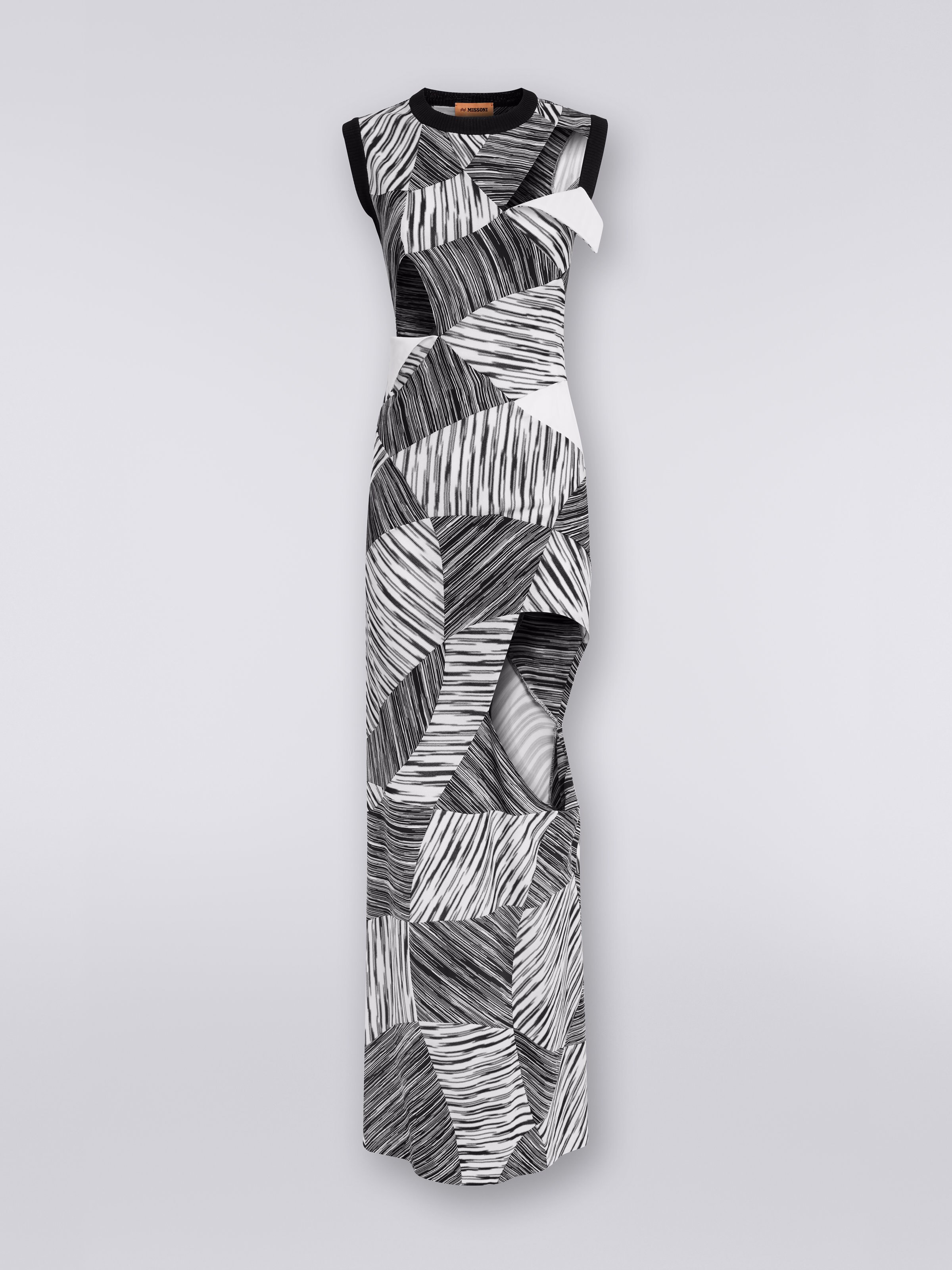 Langes Patchwork-Kleid mit dekorativen Schnitten, Weiß & Schwarz - 0