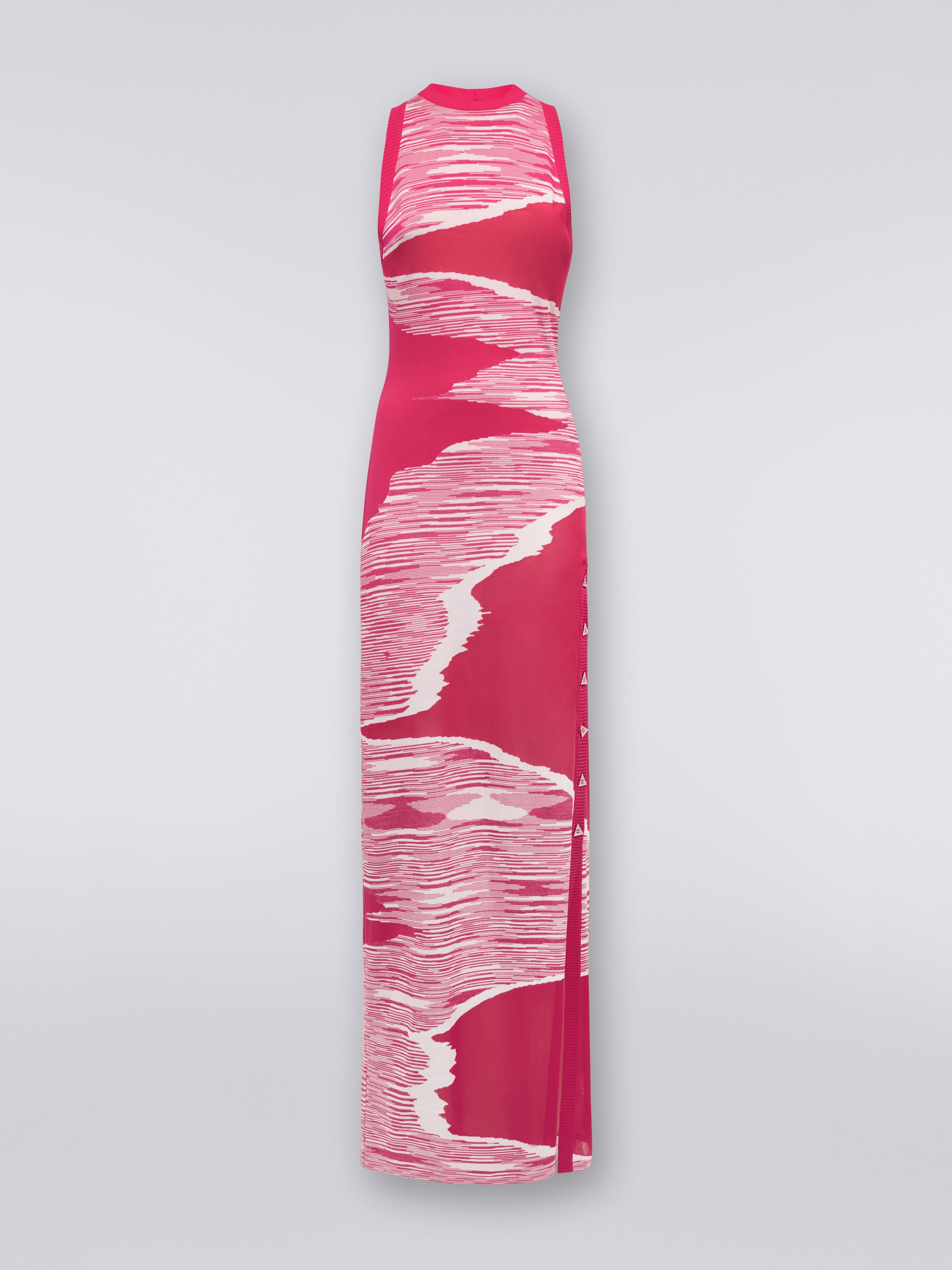 Abito lungo fiammato con intarsio e spacco, Bianco & Fucsia - 0
