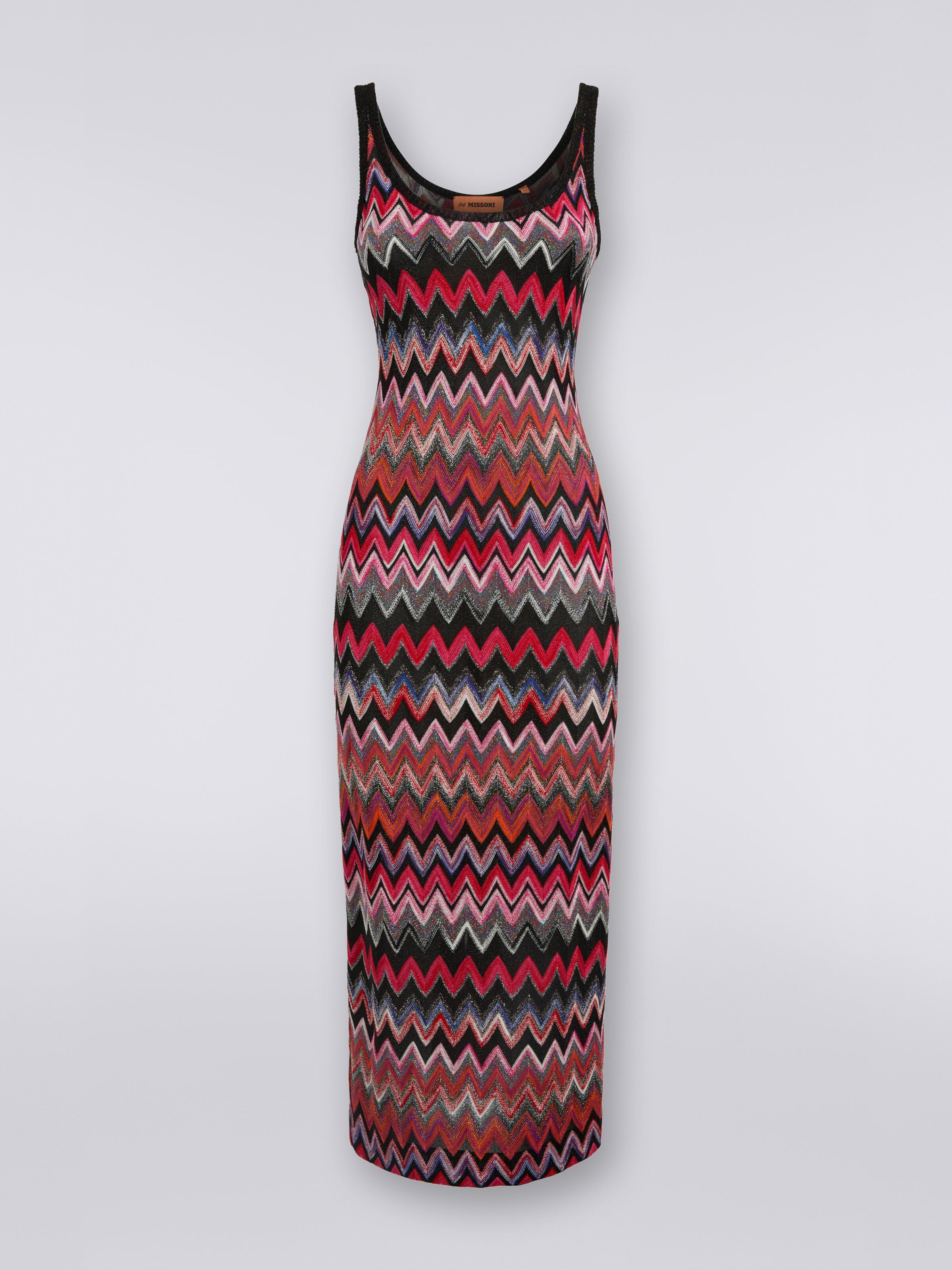 Vestido largo en mezcla de viscosa a espigas con lamé, Negro & Rosa - 0