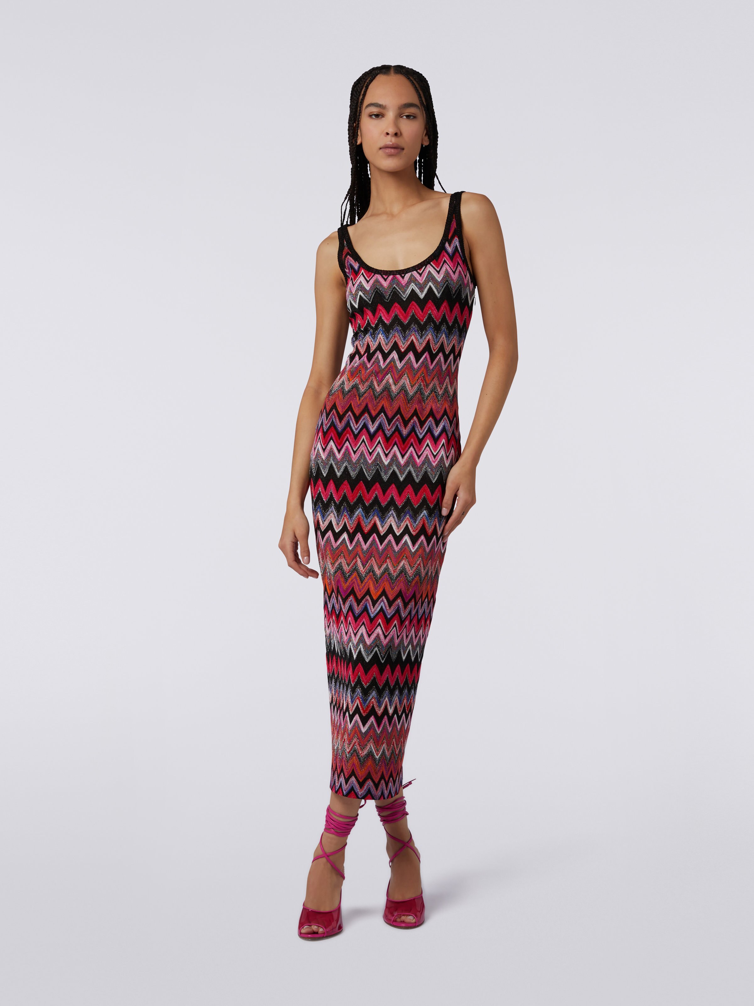 Vestido largo en mezcla de viscosa a espigas con lamé, Negro & Rosa - 1