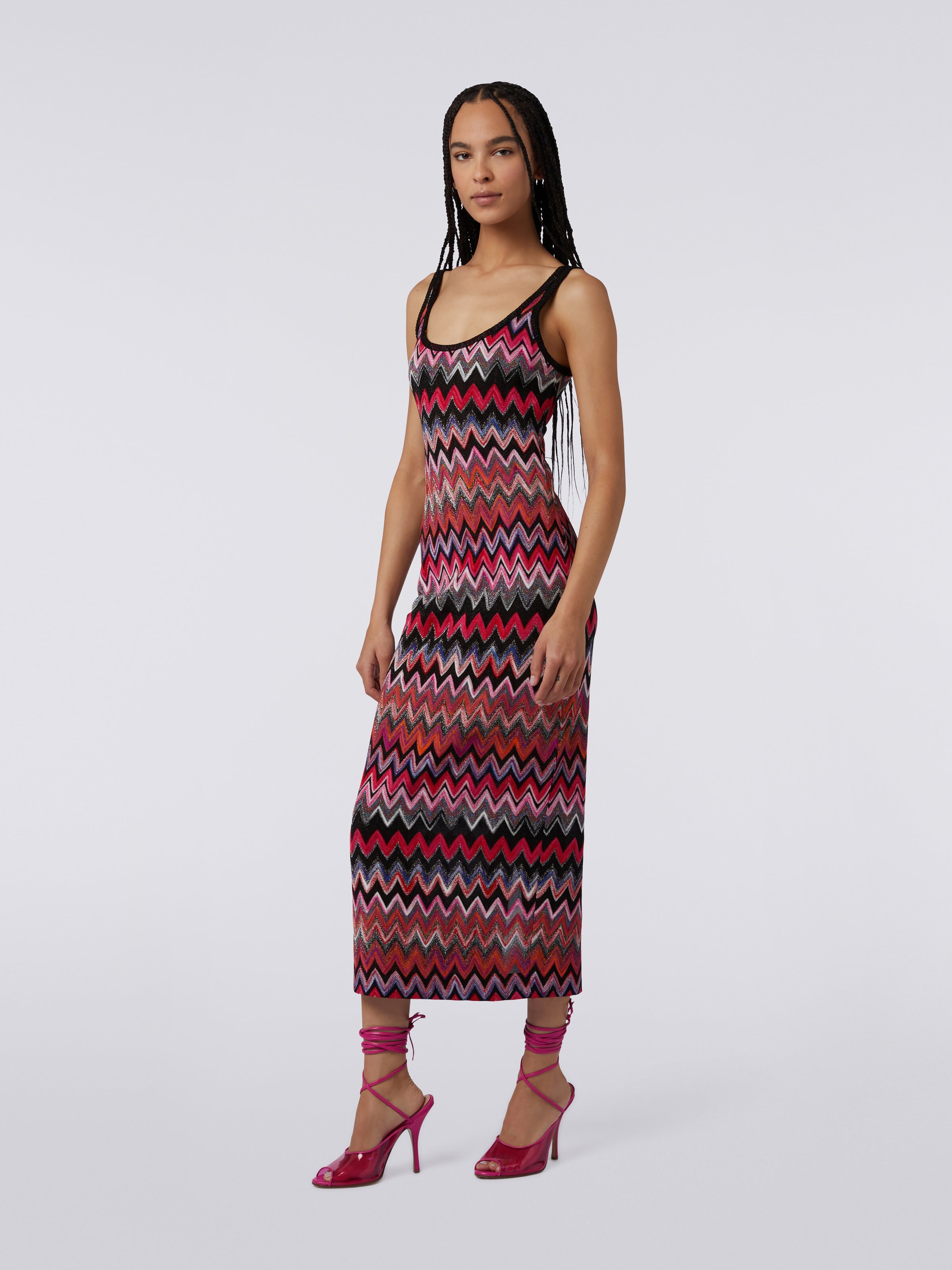 Vestido largo en mezcla de viscosa a espigas con lamé, Negro & Rosa - 2