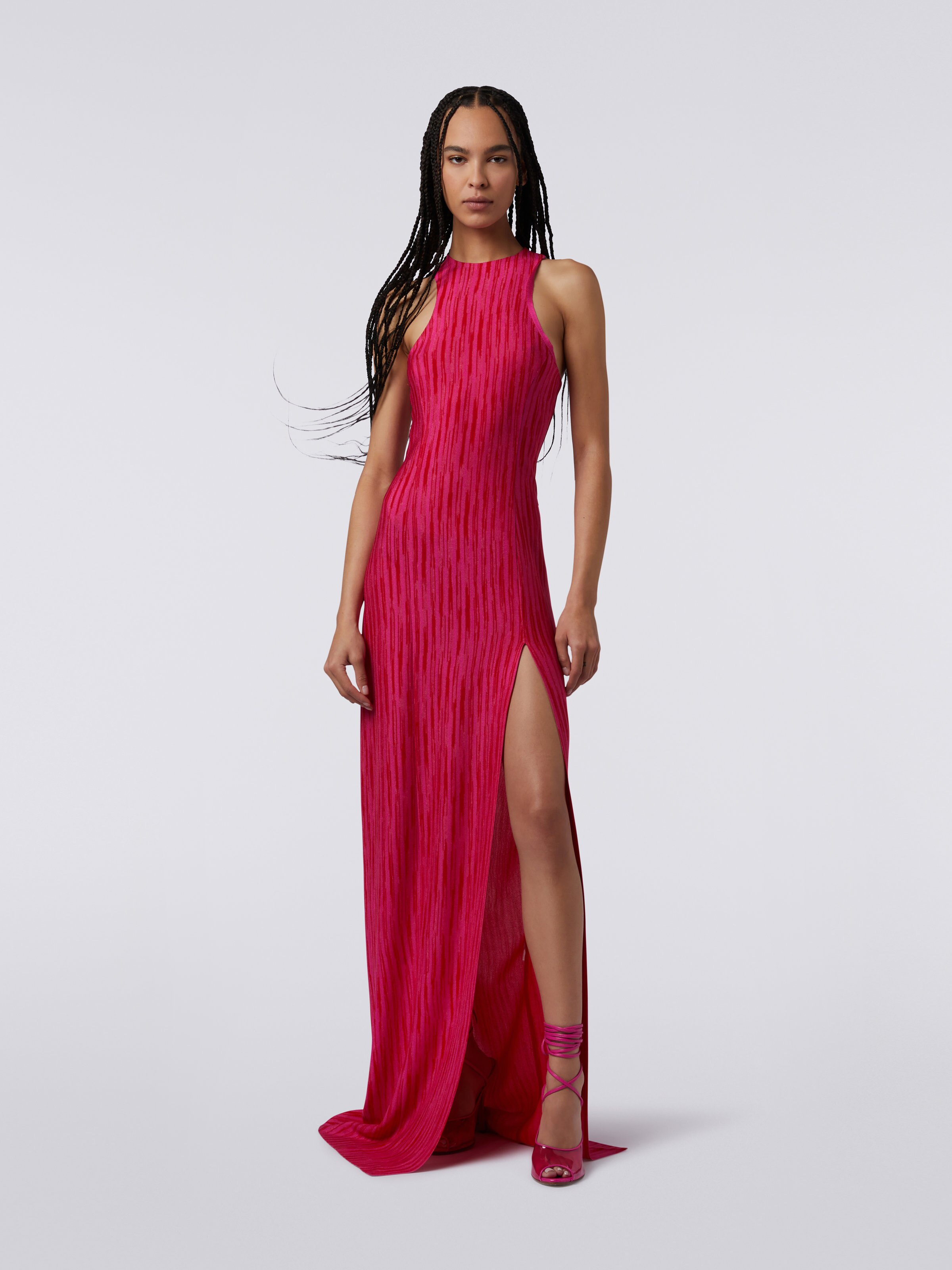 Long viscose dress with Olympic neckline, Fuchsia & Red - 1