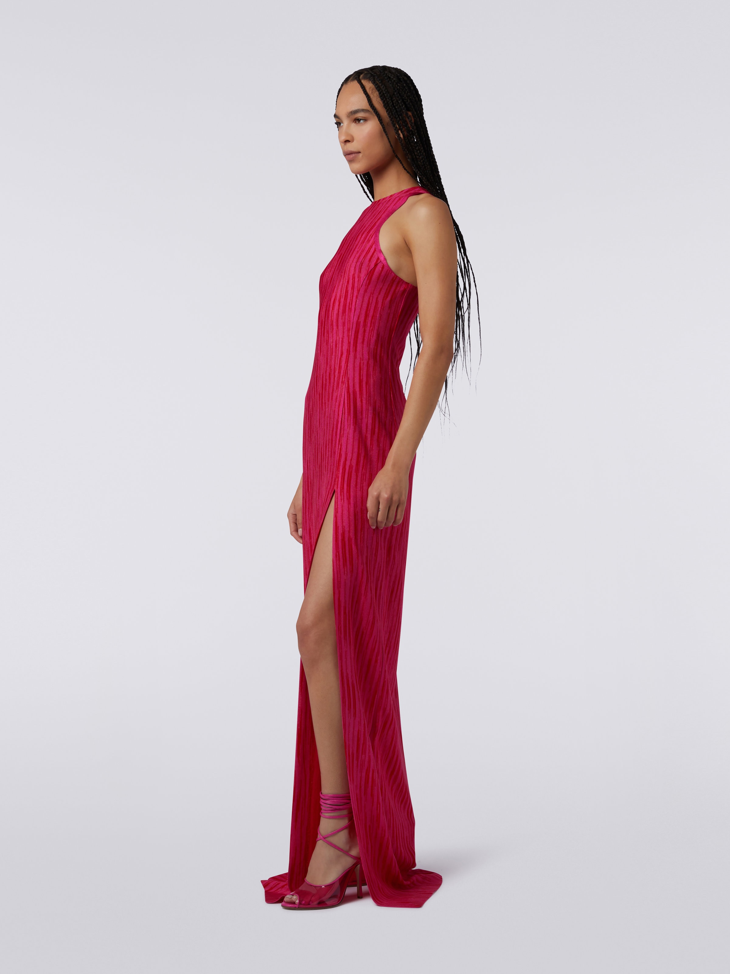 Long viscose dress with Olympic neckline, Fuchsia & Red - 2