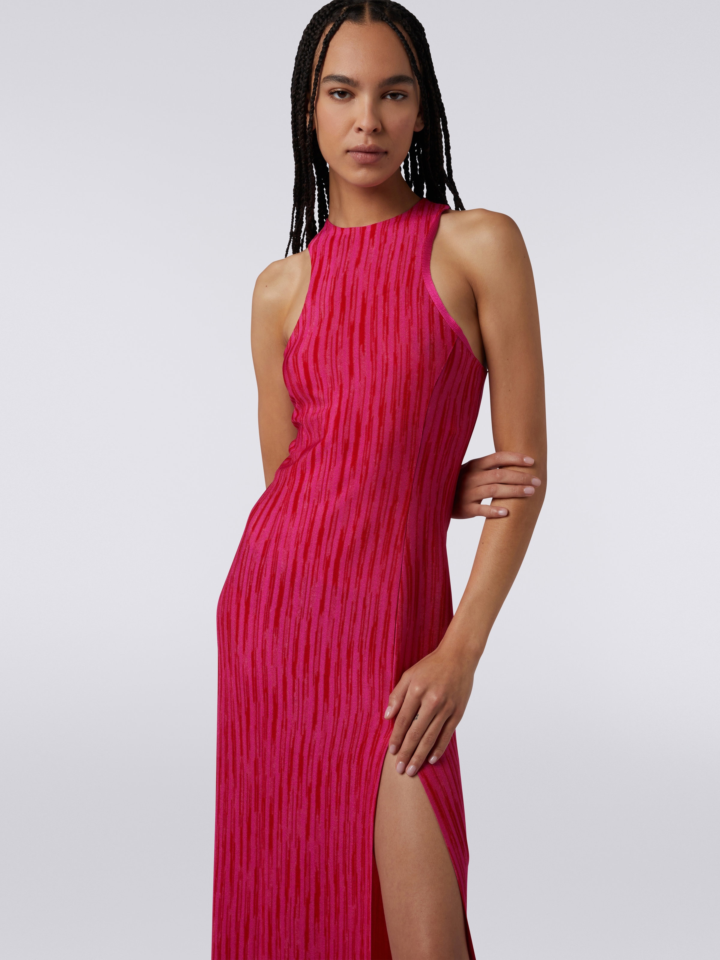 Long viscose dress with Olympic neckline, Fuchsia & Red - 4
