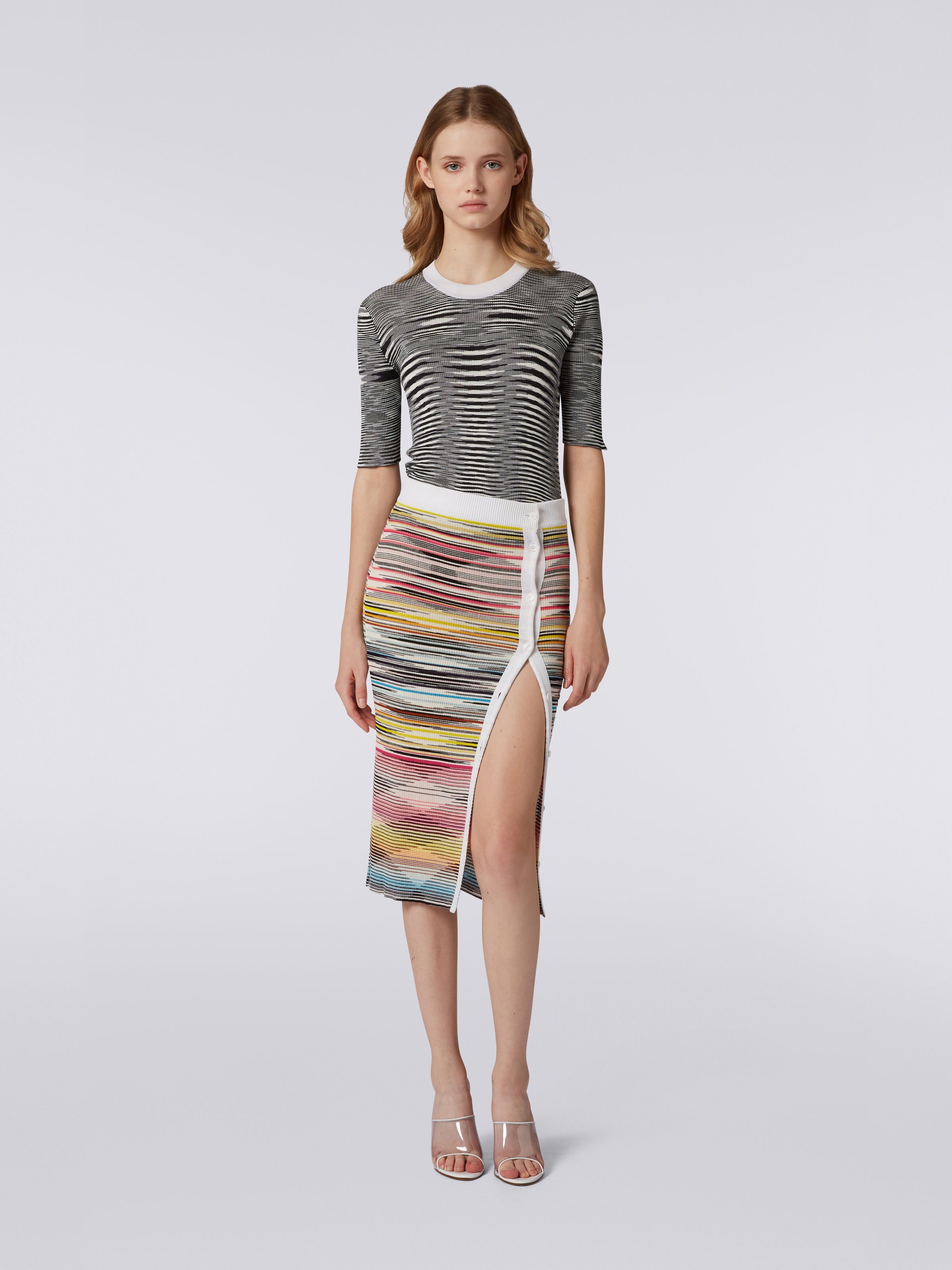 Wool and viscose blend longuette skirt with asymmetric buttoning, Multicoloured - 1
