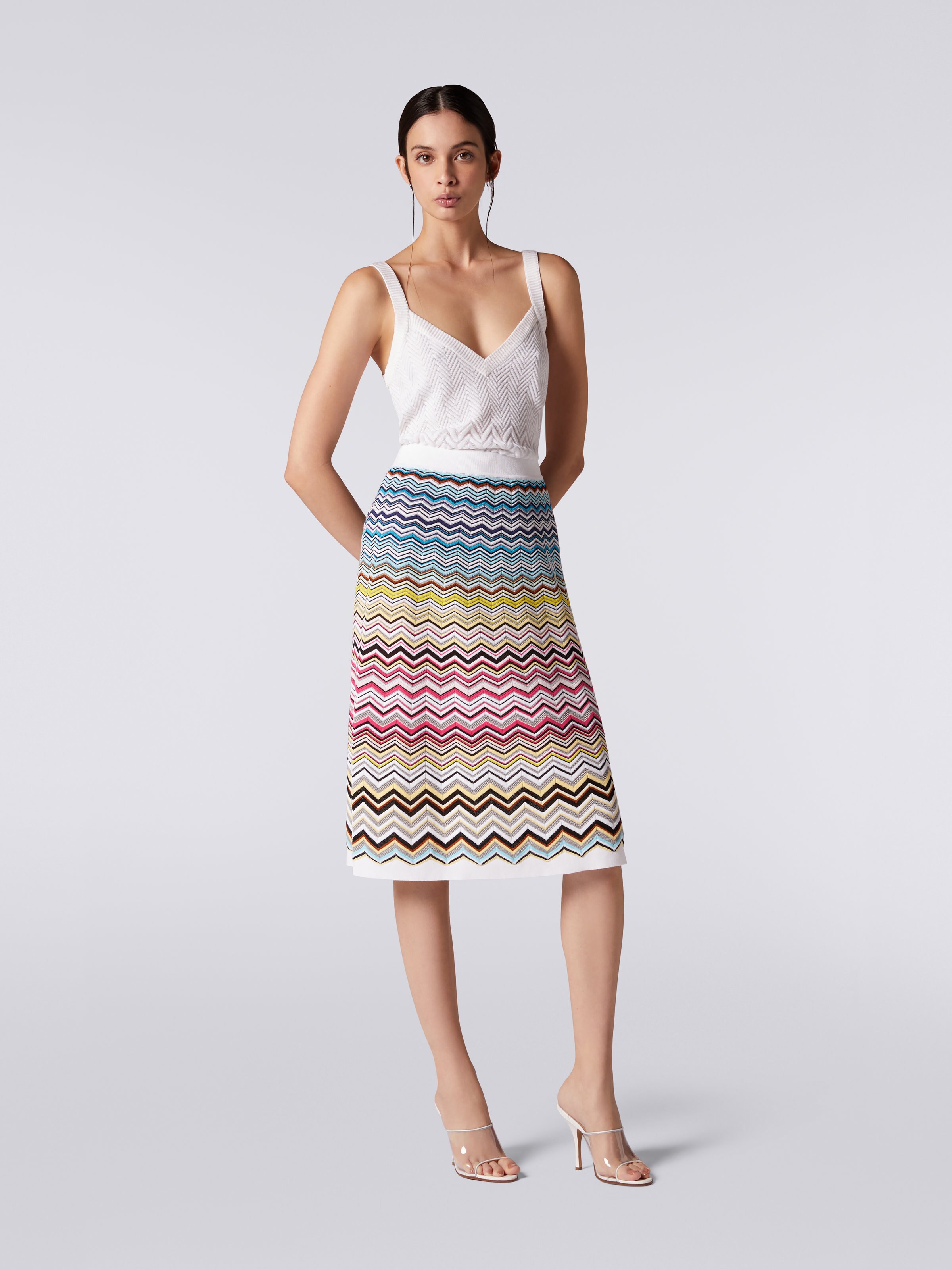 Jupe longuette à chevrons en coton et viscose mélangés, Multicolore  - 1